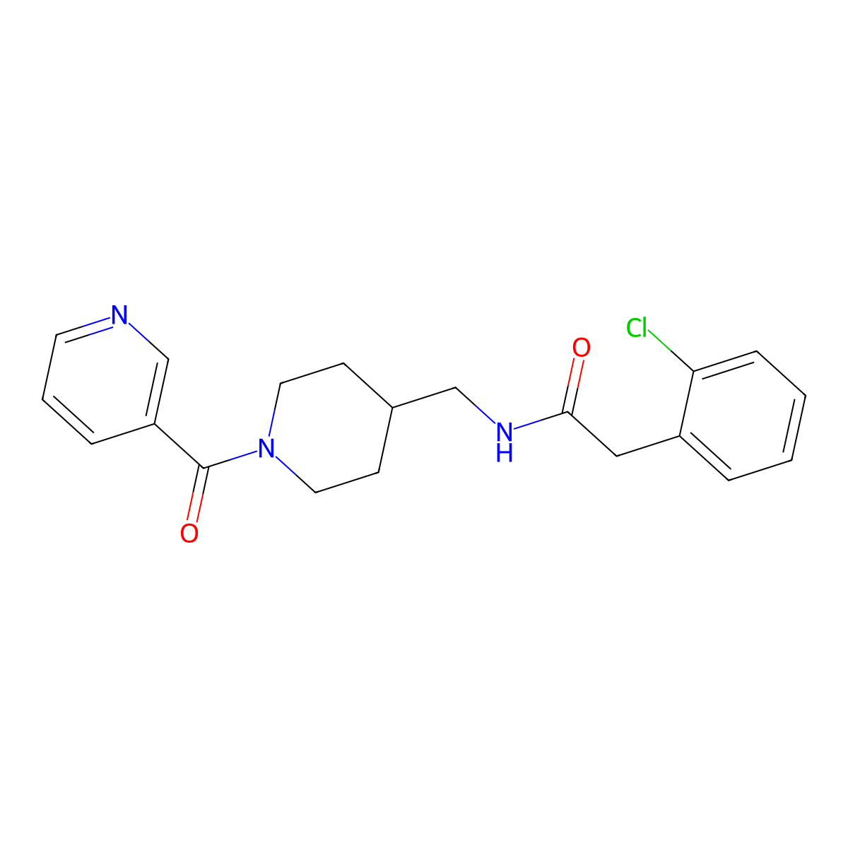 2-(2-chlorophenyl)-N-((1-nicotinoylpiperidin-4-yl)methyl)acetamide molecular structure, CAS 1396808-43-7