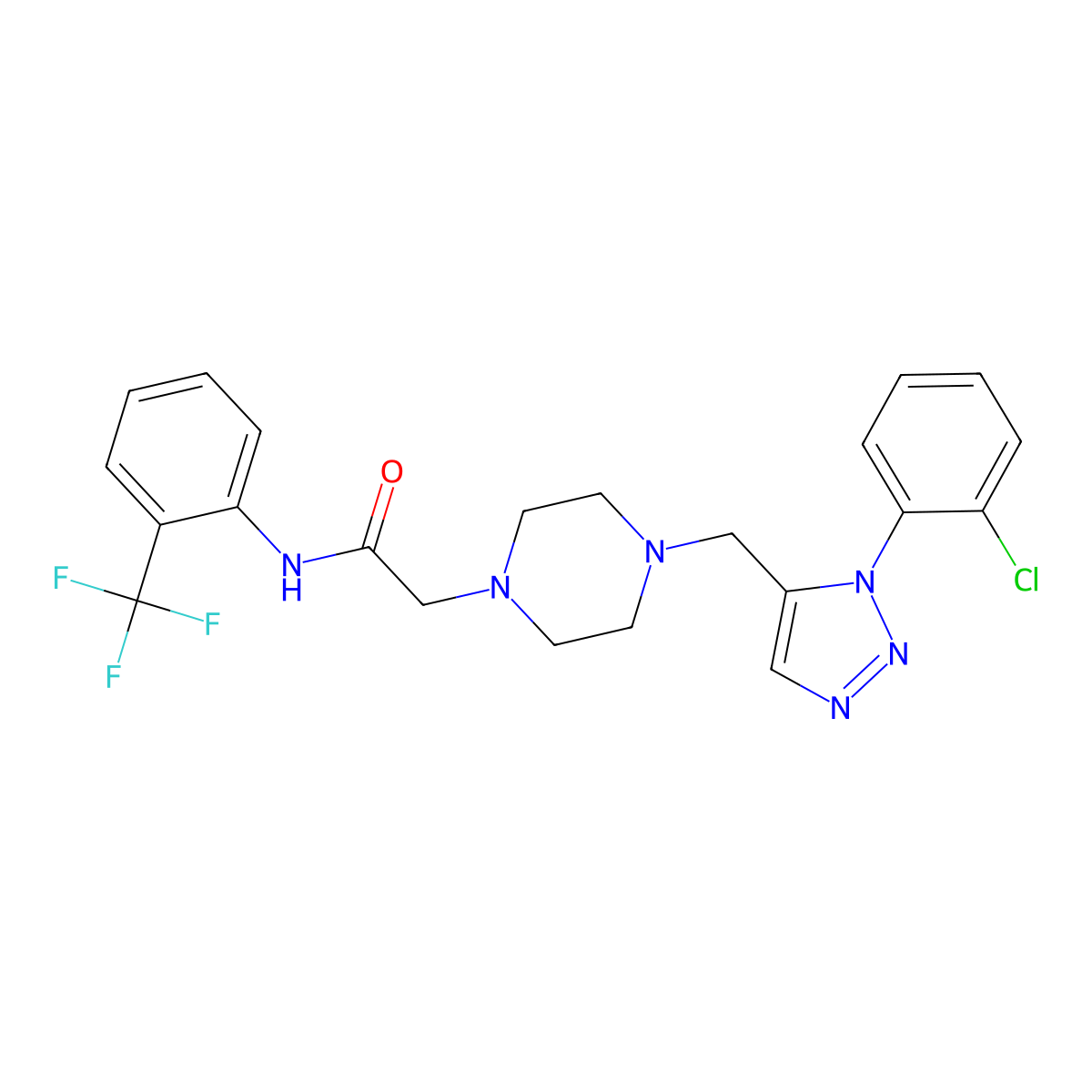 2-(4-((1-(2-chlorophenyl)-1H-1,2,3-triazol-5-yl)methyl)piperazin-1-yl)-N-(2-(trifluoromethyl)phenyl)acetamide molecular structure, CAS 1396808-68-6