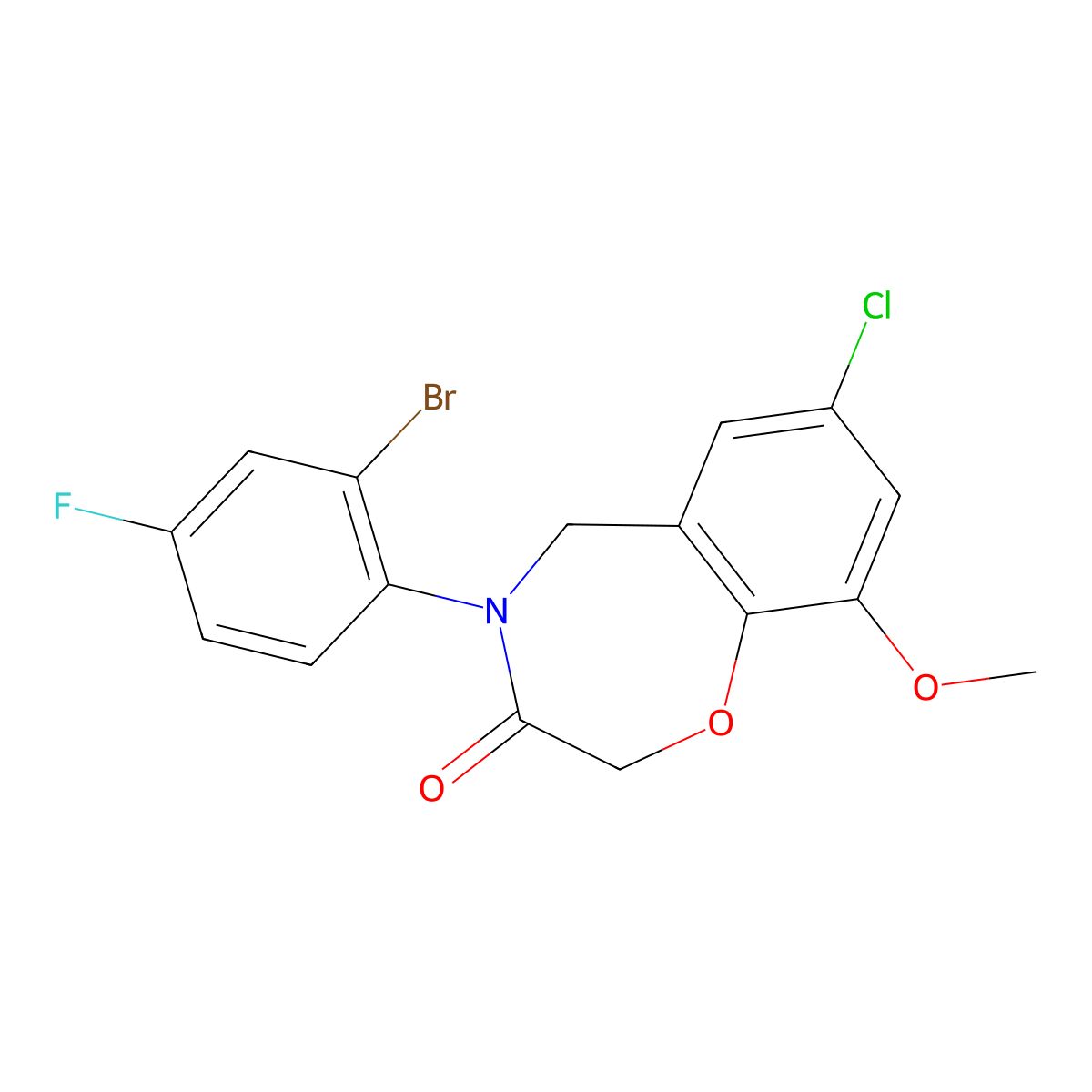 4-(2-bromo-4-fluorophenyl)-7-chloro-9-methoxy-4,5-dihydro-1,4-benzoxazepin-3(2H)-one molecular structure, CAS 1396808-85-7