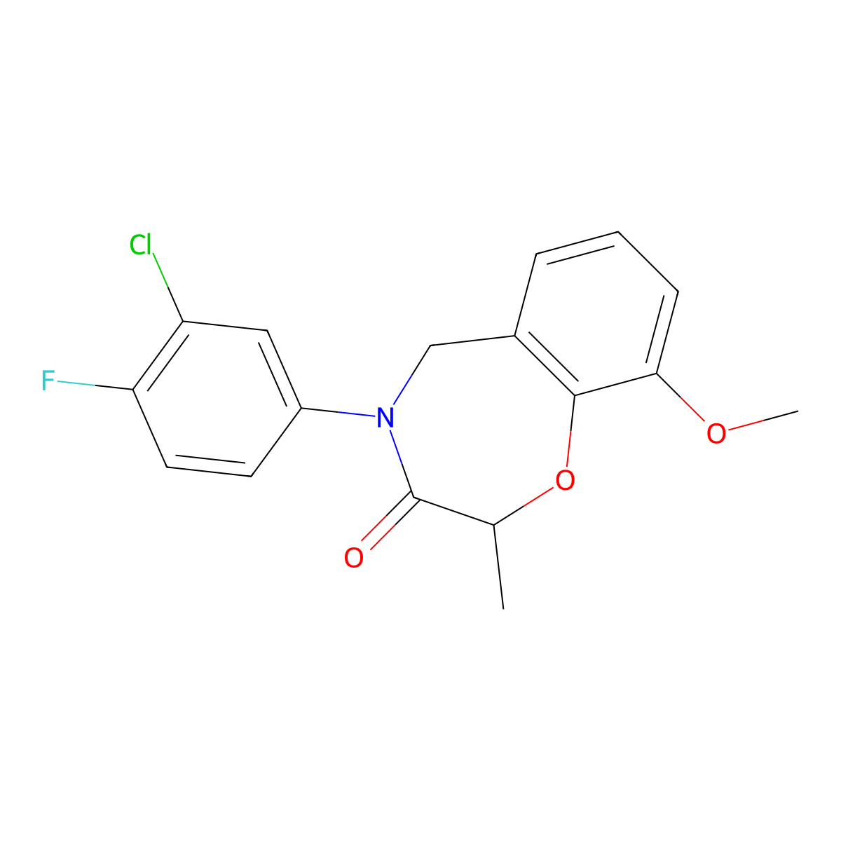 4-(3-chloro-4-fluorophenyl)-9-methoxy-2-methyl-4,5-dihydro-1,4-benzoxazepin-3(2H)-one molecular structure, CAS 1396808-92-6