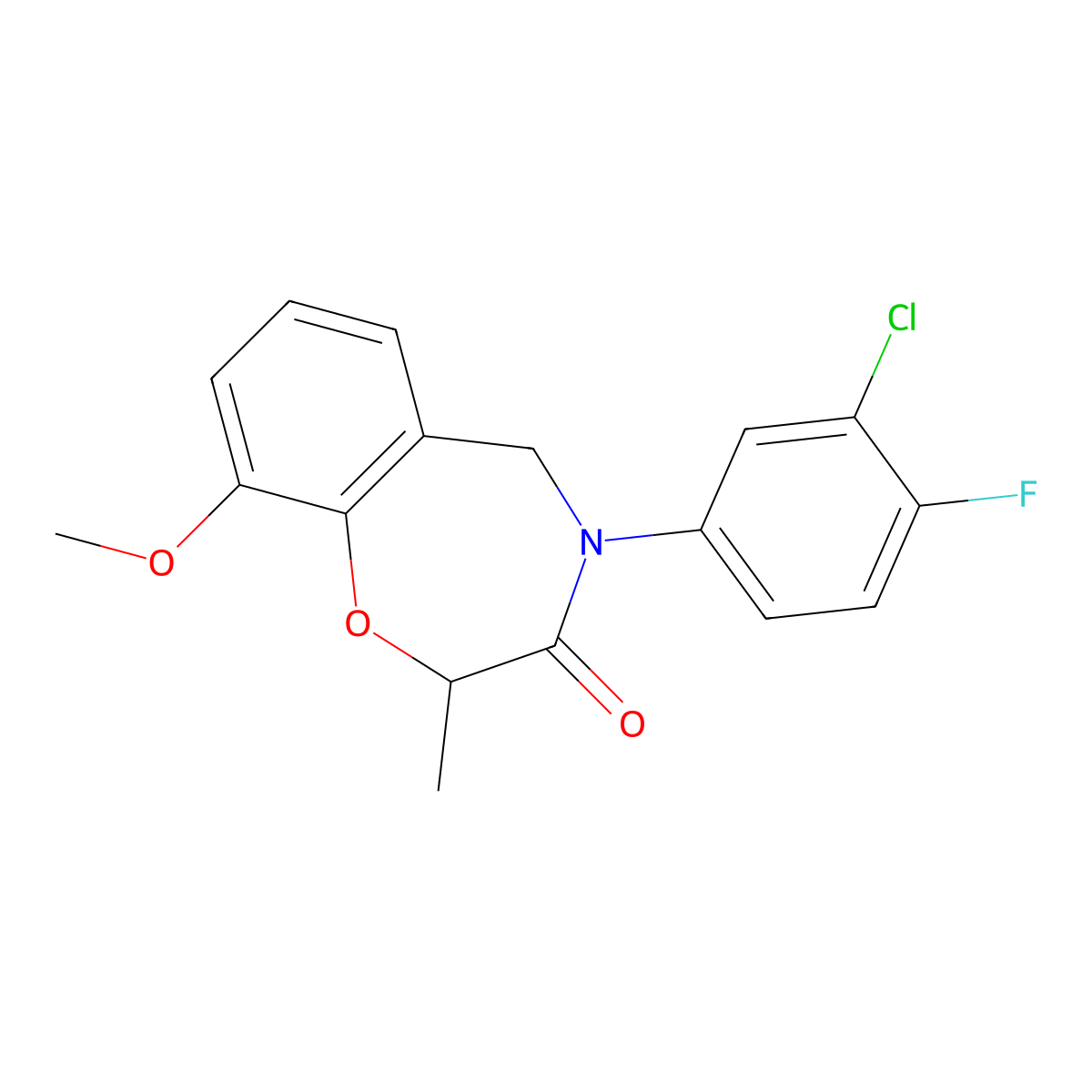 4-(3-chloro-4-fluorophenyl)-9-methoxy-2-methyl-4,5-dihydro-1,4-benzoxazepin-3(2H)-one molecular structure, CAS 1396808-92-6