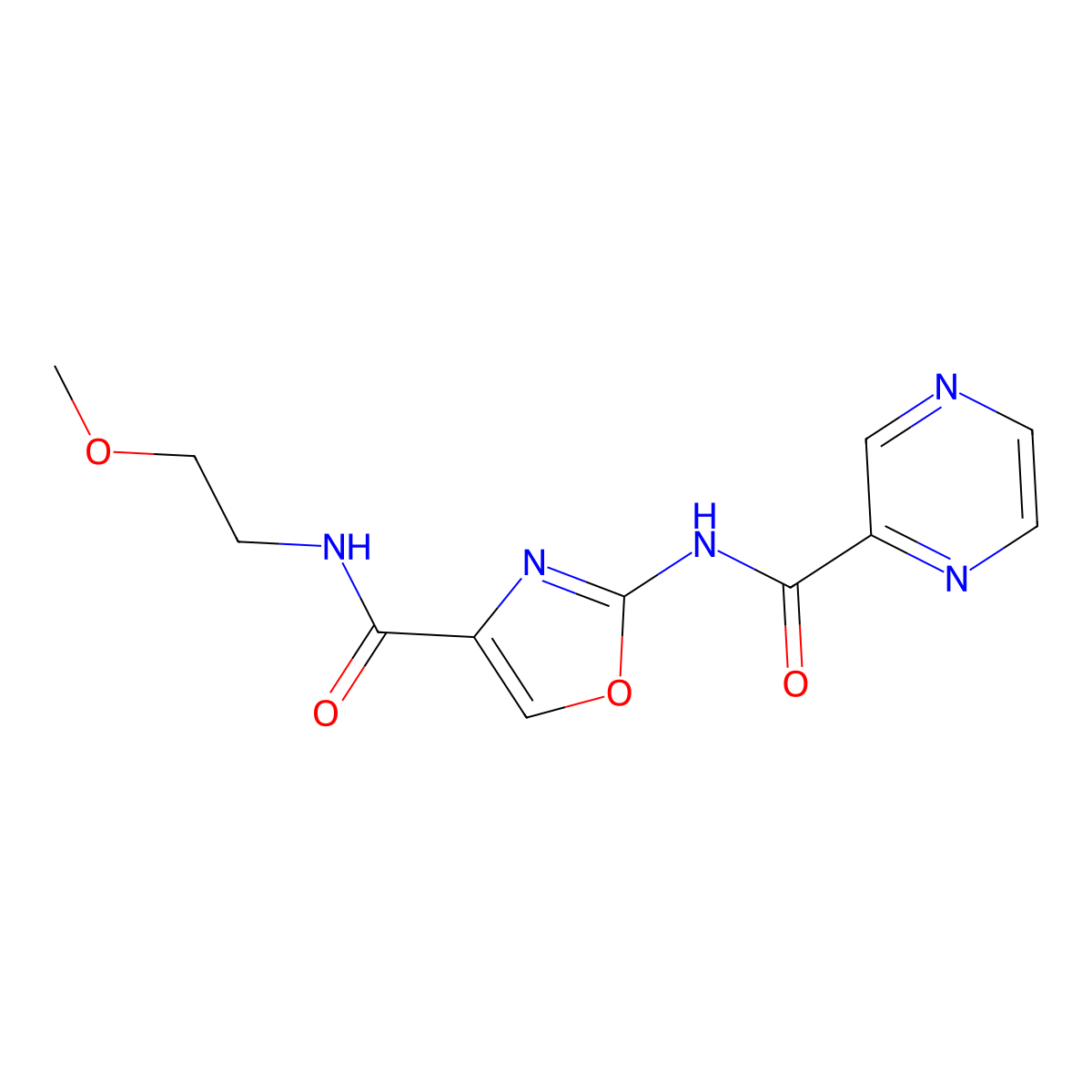 N-(2-methoxyethyl)-2-(pyrazine-2-carboxamido)oxazole-4-carboxamide molecular structure, CAS 1396809-02-1