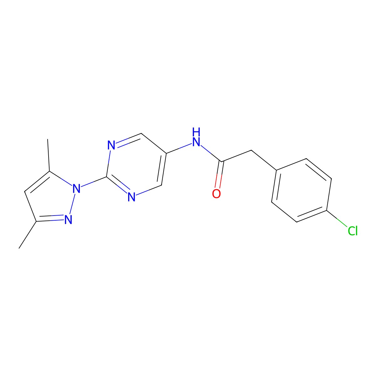 2-(4-chlorophenyl)-N-[2-(3,5-dimethyl-1H-pyrazol-1-yl)pyrimidin-5-yl]acetamide molecular structure, CAS 1396809-25-8