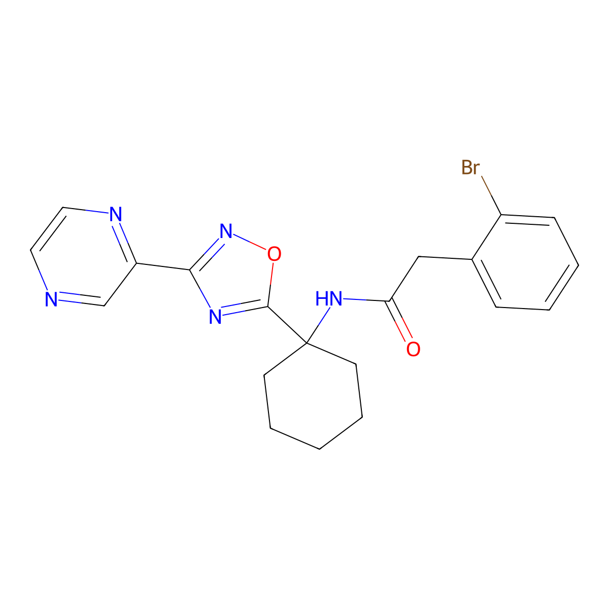 2-(2-bromophenyl)-N-[1-(3-pyrazin-2-yl-1,2,4-oxadiazol-5-yl)cyclohexyl]acetamide molecular structure, CAS 1396809-38-3