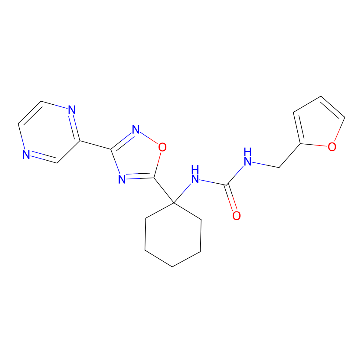 1-(Furan-2-ylmethyl)-3-(1-(3-(pyrazin-2-yl)-1,2,4-oxadiazol-5-yl)cyclohexyl)urea molecular structure, CAS 1396809-42-9