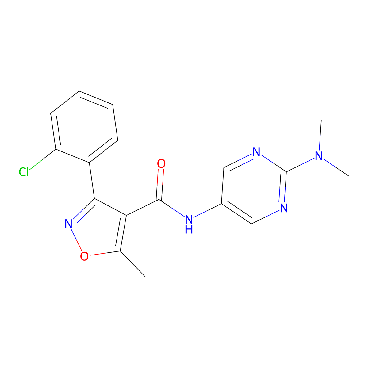 3-(2-chlorophenyl)-N-(2-(dimethylamino)pyrimidin-5-yl)-5-methylisoxazole-4-carboxamide molecular structure, CAS 1396809-44-1