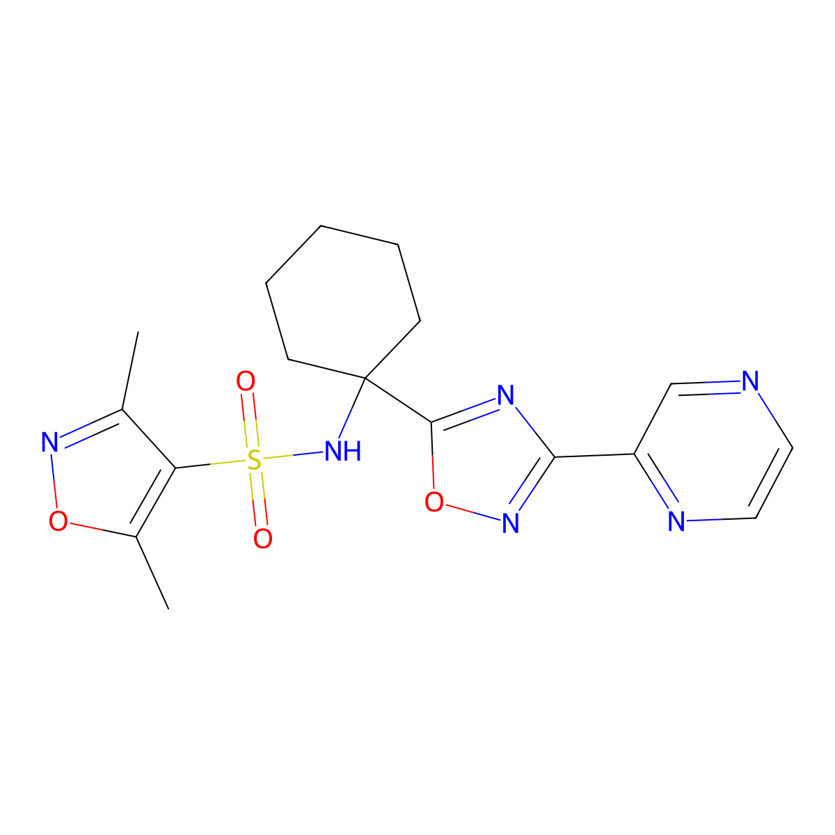 3,5-dimethyl-N-{1-[3-(pyrazin-2-yl)-1,2,4-oxadiazol-5-yl]cyclohexyl}-1,2-oxazole-4-sulfonamide molecular structure, CAS 1396809-48-5