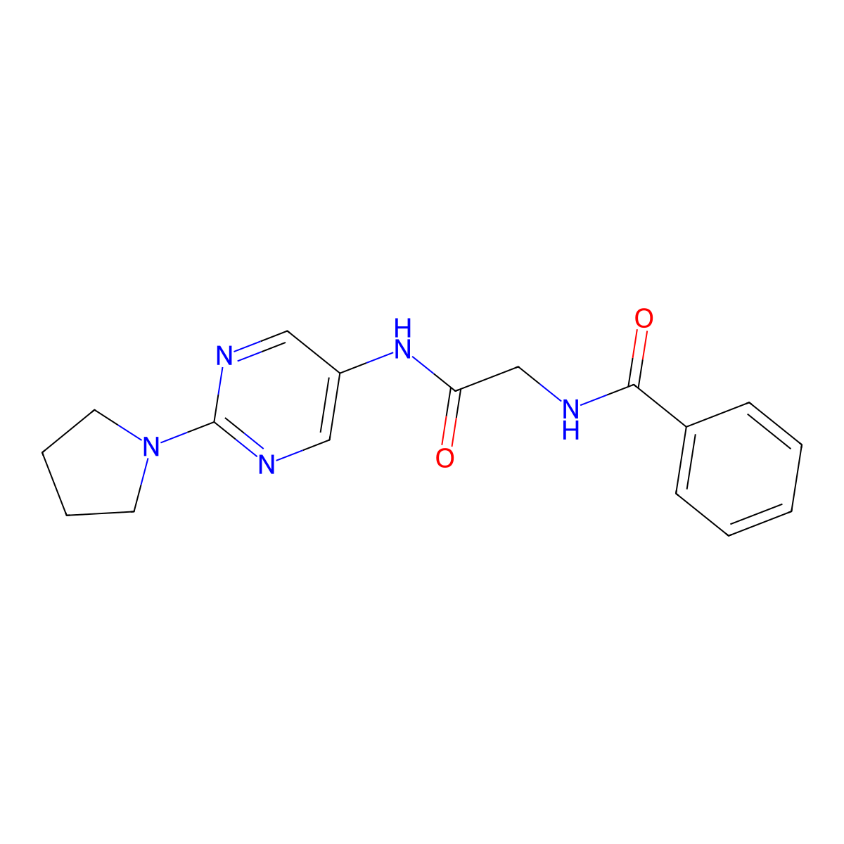 N-(2-oxo-2-((2-(pyrrolidin-1-yl)pyrimidin-5-yl)amino)ethyl)benzamide molecular structure, CAS 1396809-55-4