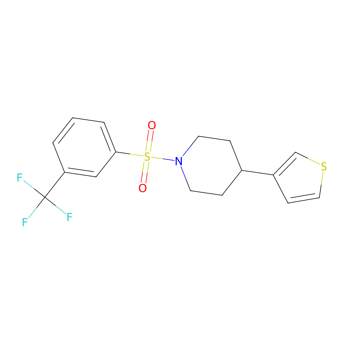 4-(Thiophen-3-yl)-1-((3-(trifluoromethyl)phenyl)sulfonyl)piperidine molecular structure, CAS 1396809-66-7