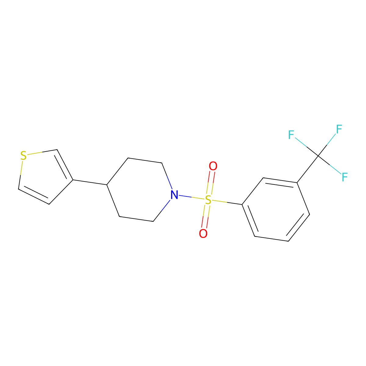4-(Thiophen-3-yl)-1-((3-(trifluoromethyl)phenyl)sulfonyl)piperidine molecular structure, CAS 1396809-66-7