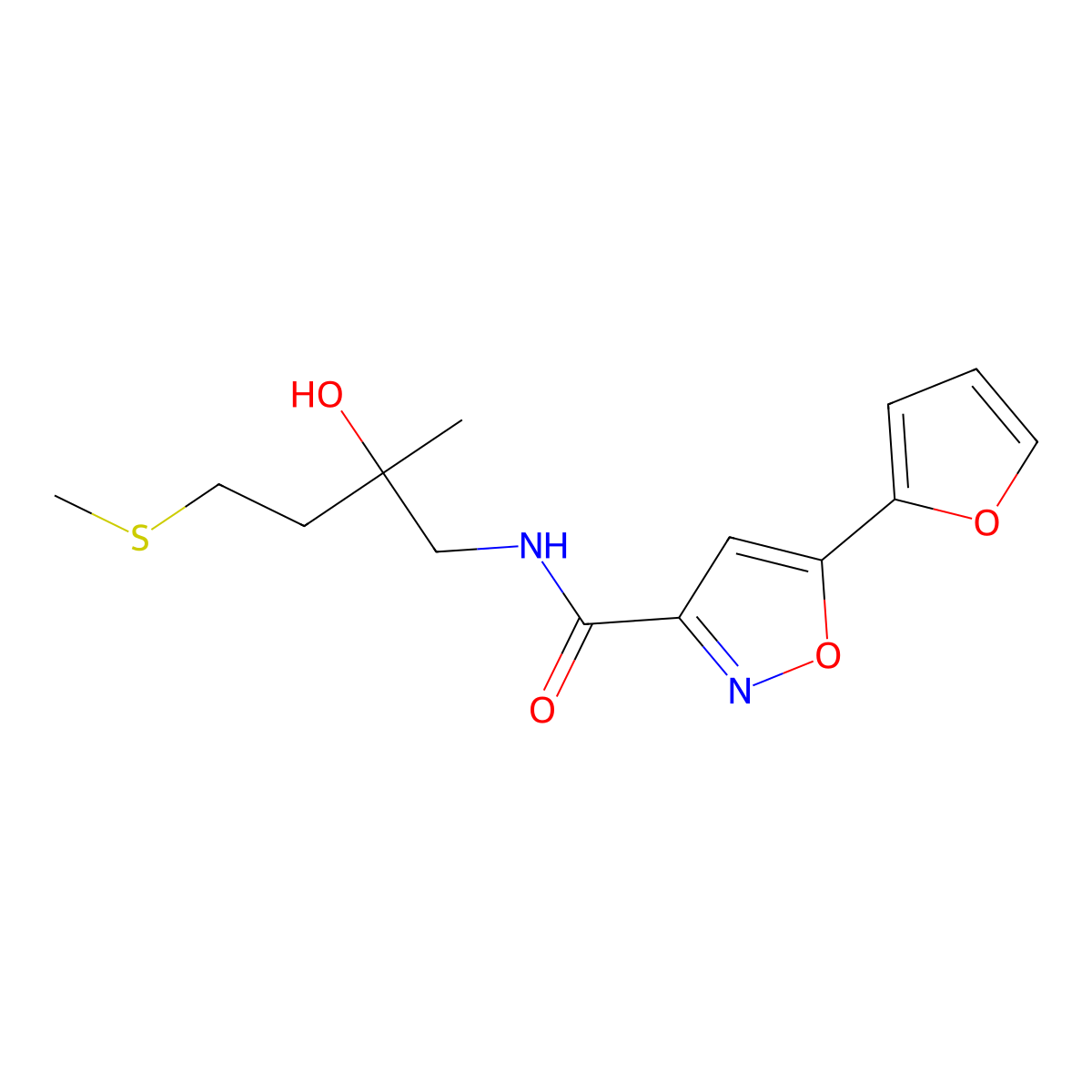 5-(furan-2-yl)-N-(2-hydroxy-2-methyl-4-(methylthio)butyl)isoxazole-3-carboxamide molecular structure, CAS 1396809-68-9
