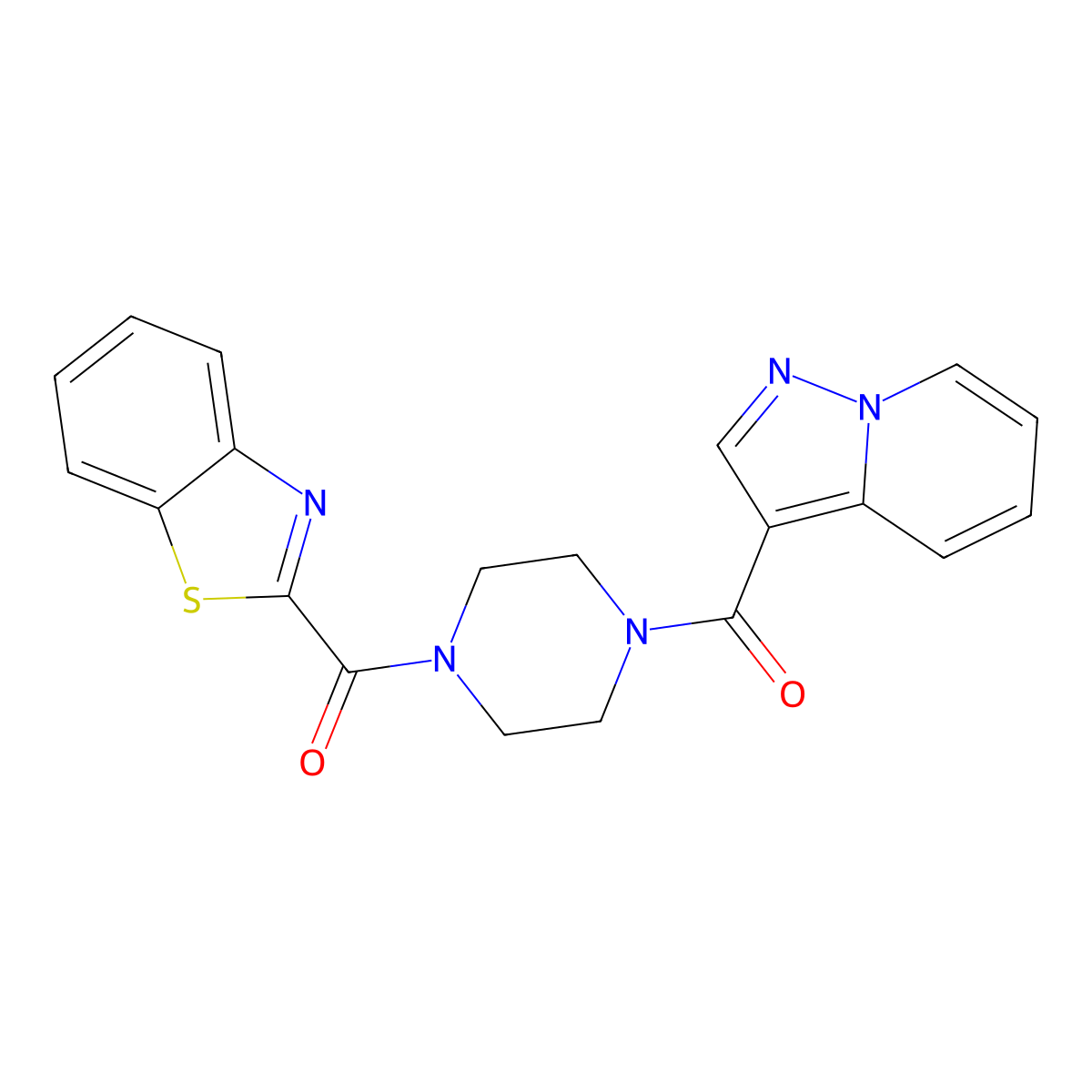 Benzo[d]thiazol-2-yl(4-(pyrazolo[1,5-a]pyridine-3-carbonyl)piperazin-1-yl)methanone molecular structure, CAS 1396809-82-7
