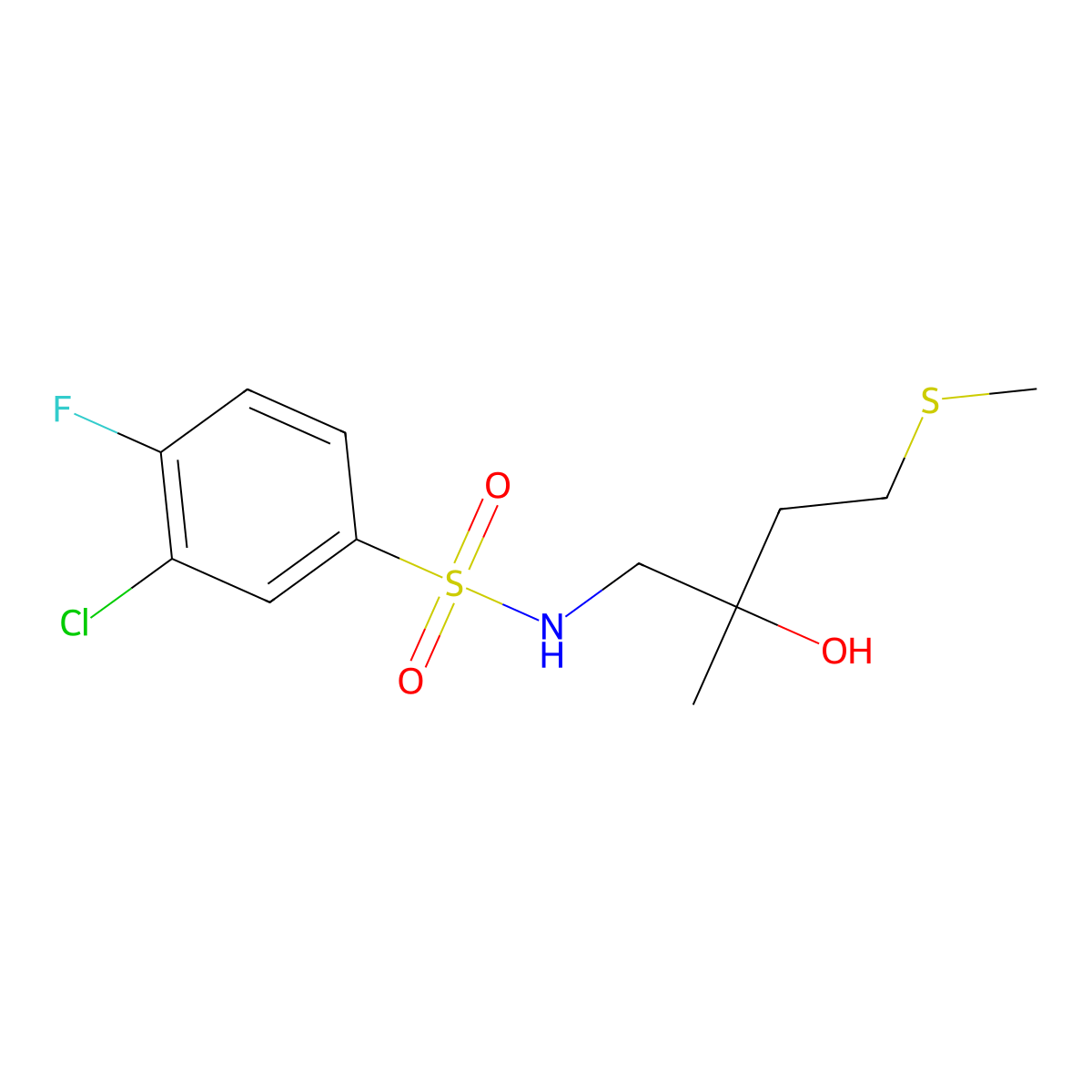 3-chloro-4-fluoro-N-(2-hydroxy-2-methyl-4-(methylthio)butyl)benzenesulfonamide molecular structure, CAS 1396809-86-1