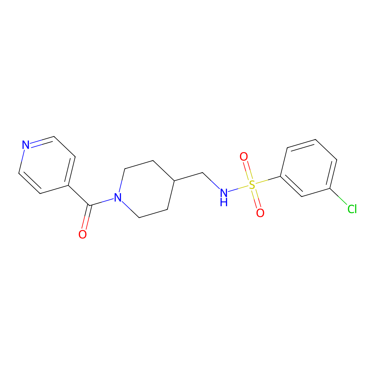3-chloro-N-((1-isonicotinoylpiperidin-4-yl)methyl)benzenesulfonamide molecular structure, CAS 1396809-90-7