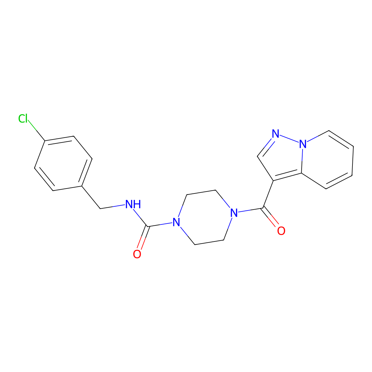 N-(4-chlorobenzyl)-4-(pyrazolo[1,5-a]pyridine-3-carbonyl)piperazine-1-carboxamide molecular structure, CAS 1396809-91-8