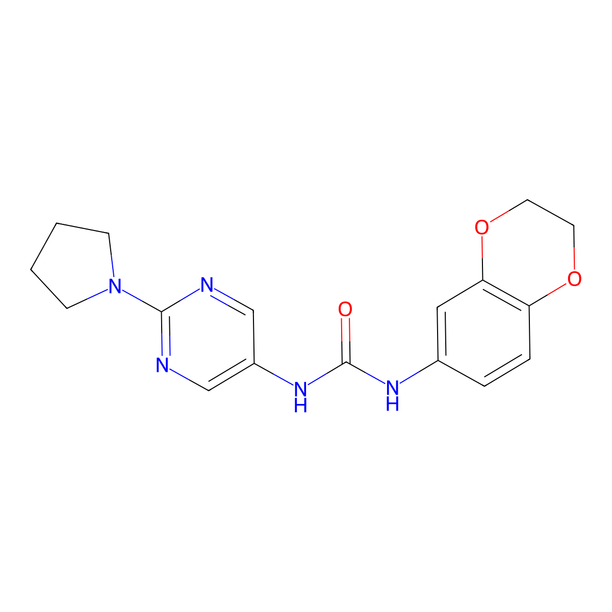 1-(2,3-Dihydrobenzo[b][1,4]dioxin-6-yl)-3-(2-(pyrrolidin-1-yl)pyrimidin-5-yl)urea molecular structure, CAS 1396810-00-6