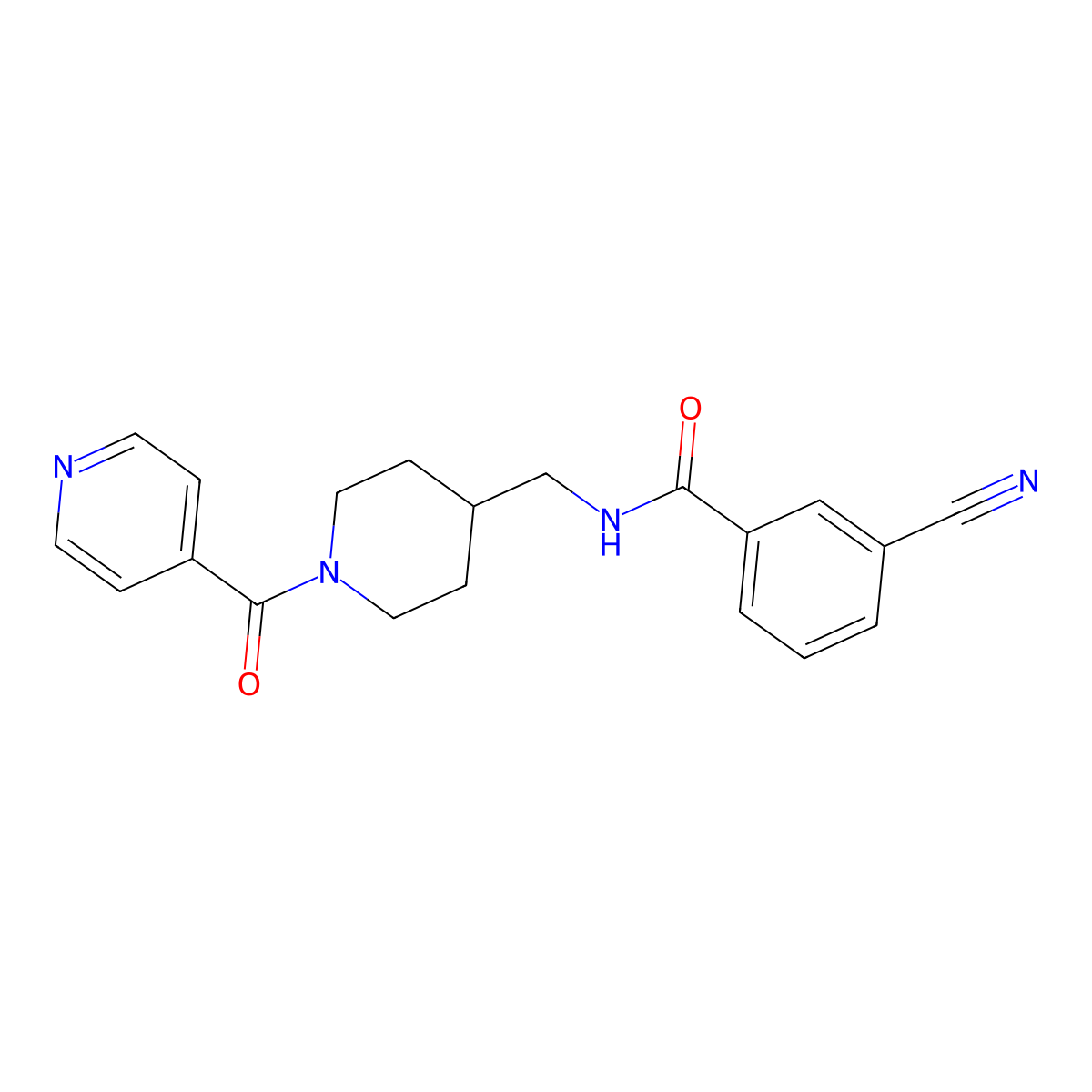 3-cyano-N-((1-isonicotinoylpiperidin-4-yl)methyl)benzamide molecular structure, CAS 1396810-11-9