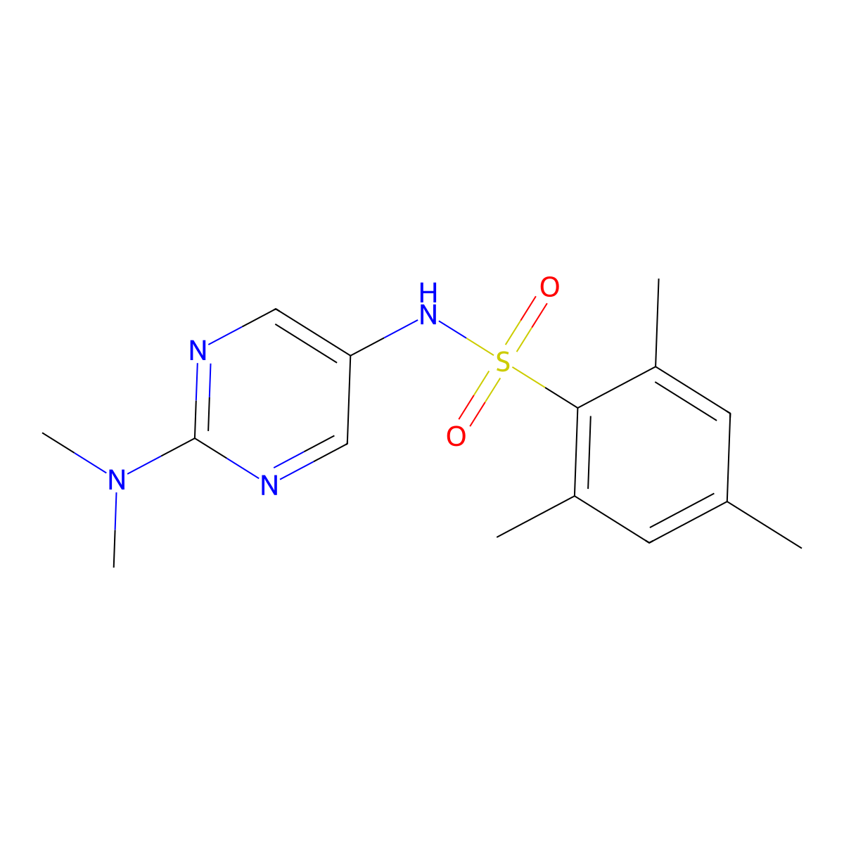 N-(2-(dimethylamino)pyrimidin-5-yl)-2,4,6-trimethylbenzenesulfonamide molecular structure, CAS 1396810-20-0