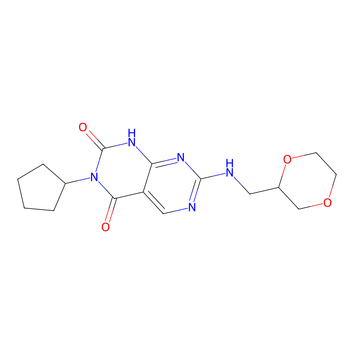 3-cyclopentyl-7-[(1,4-dioxan-2-ylmethyl)amino]pyrimido[4,5-d]pyrimidine-2,4(1H,3H)-dione molecular structure, CAS 1396810-33-5