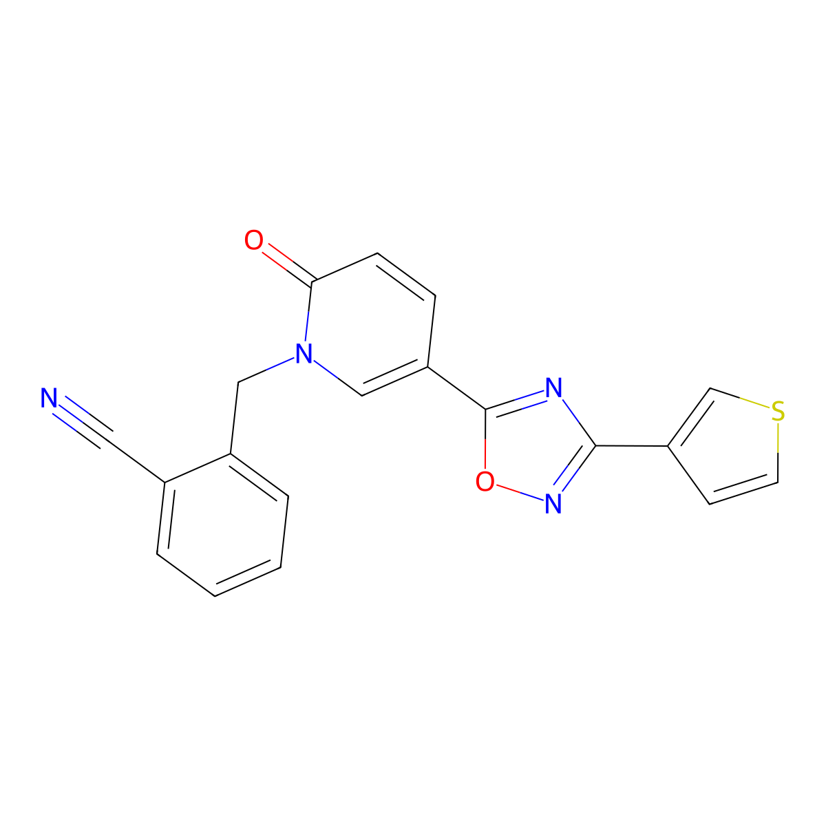 2-{[2-oxo-5-[3-(3-thienyl)-1,2,4-oxadiazol-5-yl]pyridin-1(2H)-yl]methyl}benzonitrile molecular structure, CAS 1396810-75-5