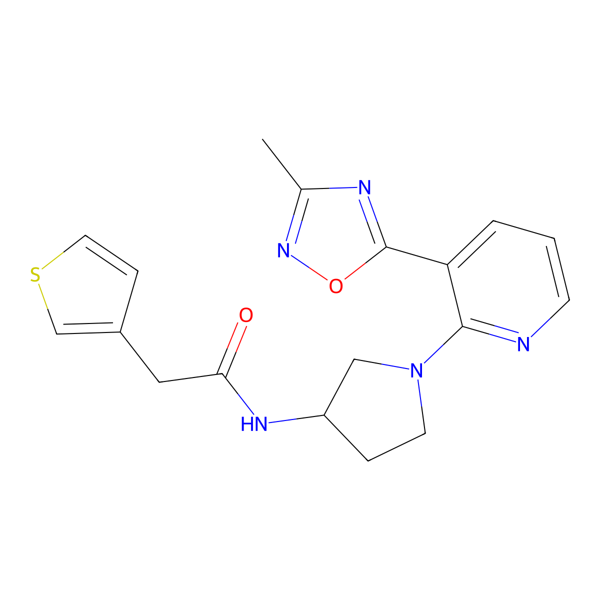 N-{1-[3-(3-methyl-1,2,4-oxadiazol-5-yl)pyridin-2-yl]pyrrolidin-3-yl}-2-(thiophen-3-yl)acetamide molecular structure, CAS 1396810-98-2