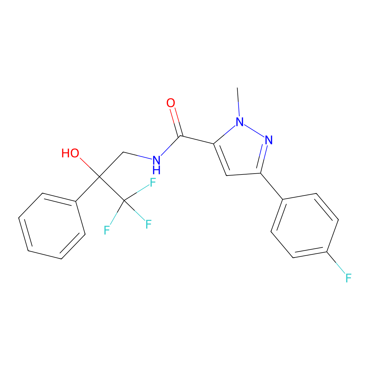 3-(4-fluorophenyl)-1-methyl-N-(3,3,3-trifluoro-2-hydroxy-2-phenylpropyl)-1H-pyrazole-5-carboxamide molecular structure, CAS 1396811-14-5
