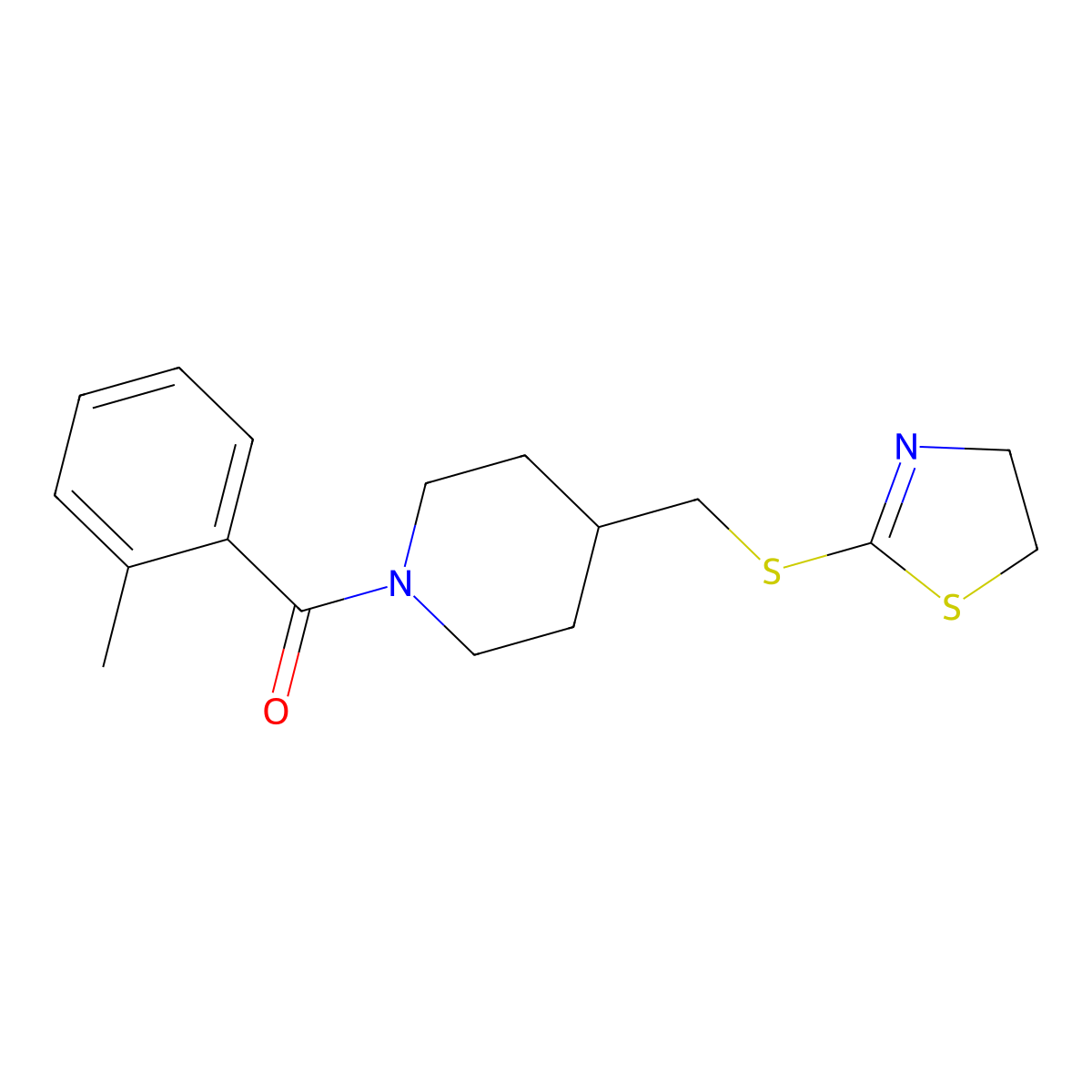 (4-(((4,5-Dihydrothiazol-2-yl)thio)methyl)piperidin-1-yl)(o-tolyl)methanone molecular structure, CAS 1396811-23-6