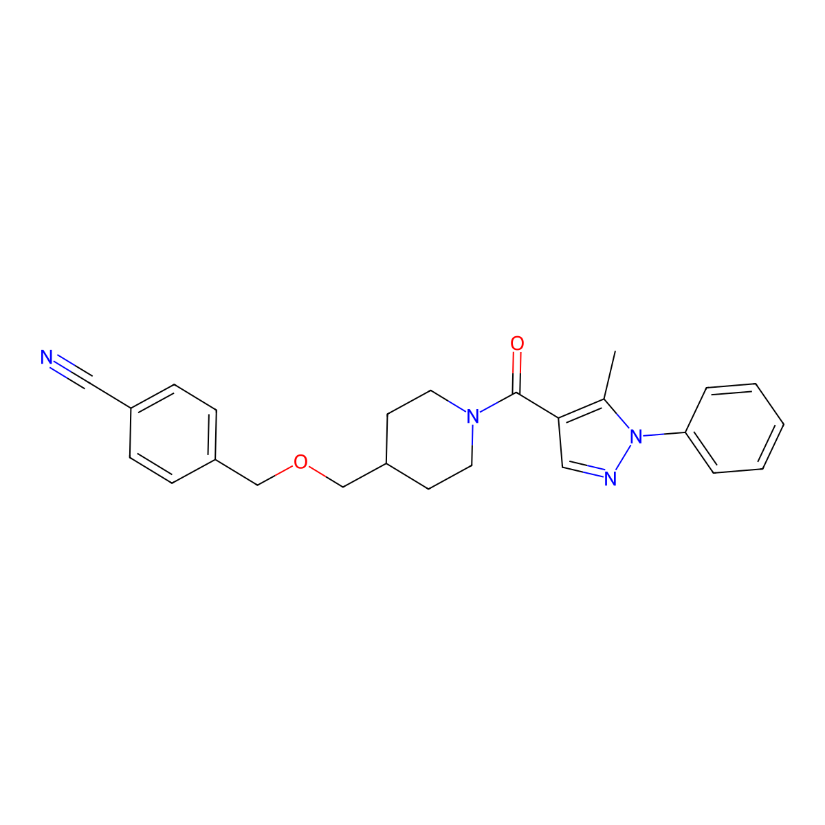 4-(((1-(5-methyl-1-phenyl-1H-pyrazole-4-carbonyl)piperidin-4-yl)methoxy)methyl)benzonitrile molecular structure, CAS 1396811-28-1