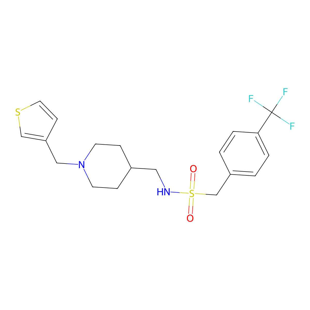 N-((1-(thiophen-3-ylmethyl)piperidin-4-yl)methyl)-1-(4-(trifluoromethyl)phenyl)methanesulfonamide molecular structure, CAS 1396811-35-0