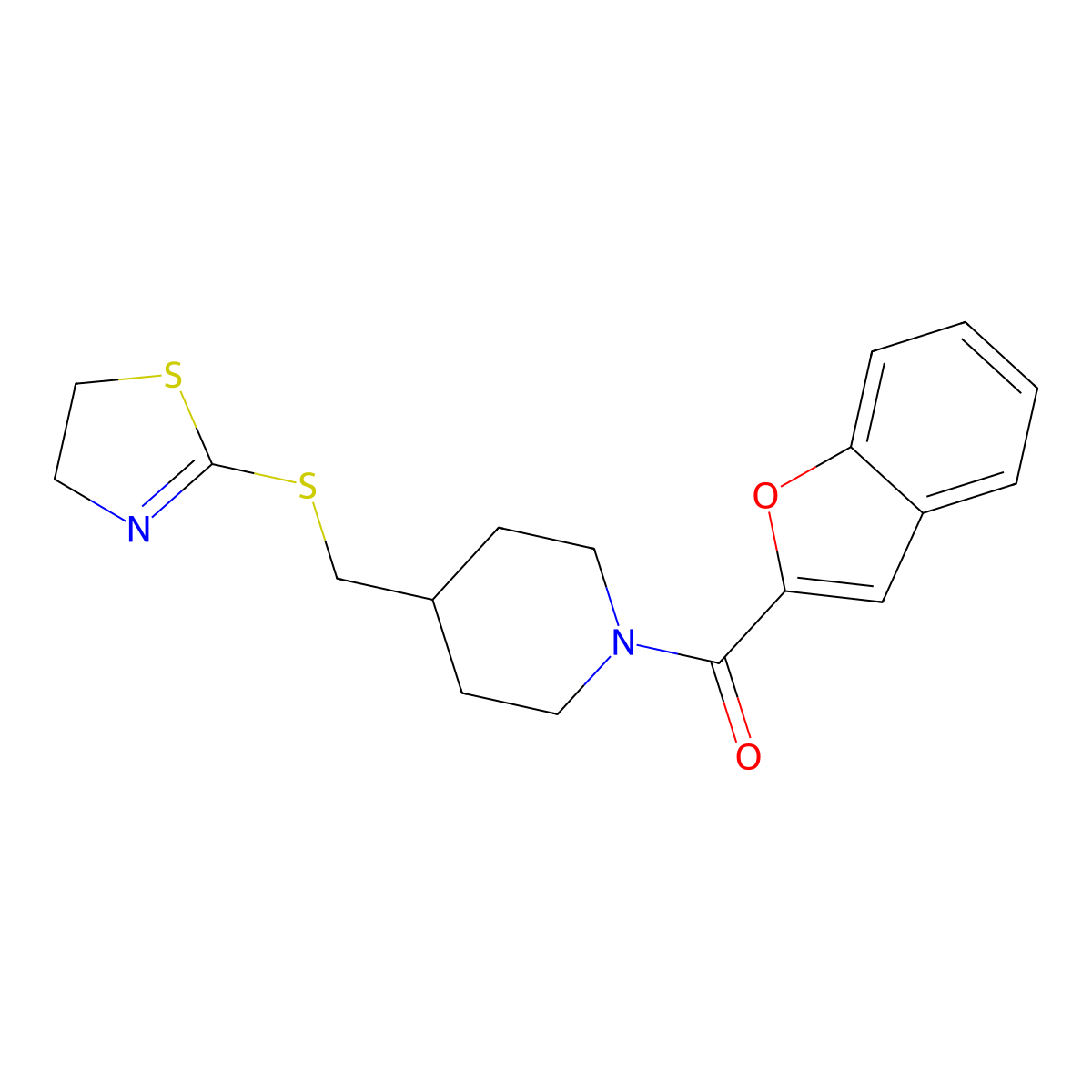 Benzofuran-2-yl(4-(((4,5-dihydrothiazol-2-yl)thio)methyl)piperidin-1-yl)methanone molecular structure, CAS 1396811-37-2