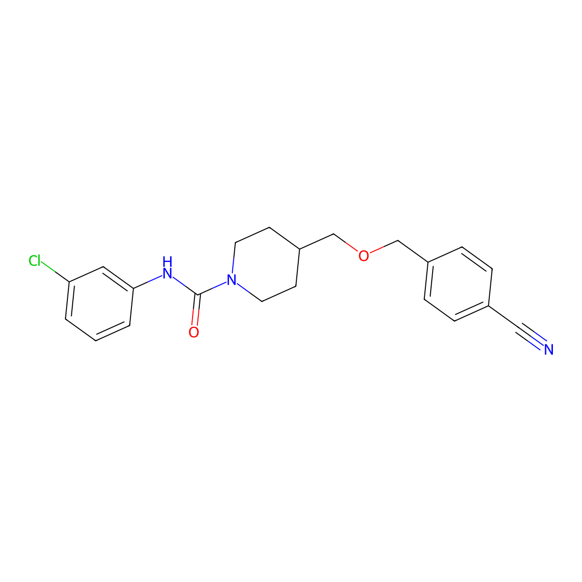 N-(3-chlorophenyl)-4-(((4-cyanobenzyl)oxy)methyl)piperidine-1-carboxamide molecular structure, CAS 1396811-39-4