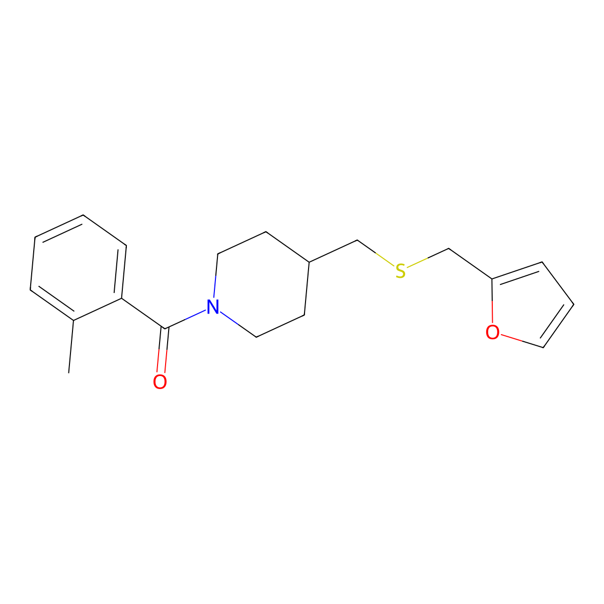 (4-(((Furan-2-ylmethyl)thio)methyl)piperidin-1-yl)(o-tolyl)methanone molecular structure, CAS 1396811-49-6