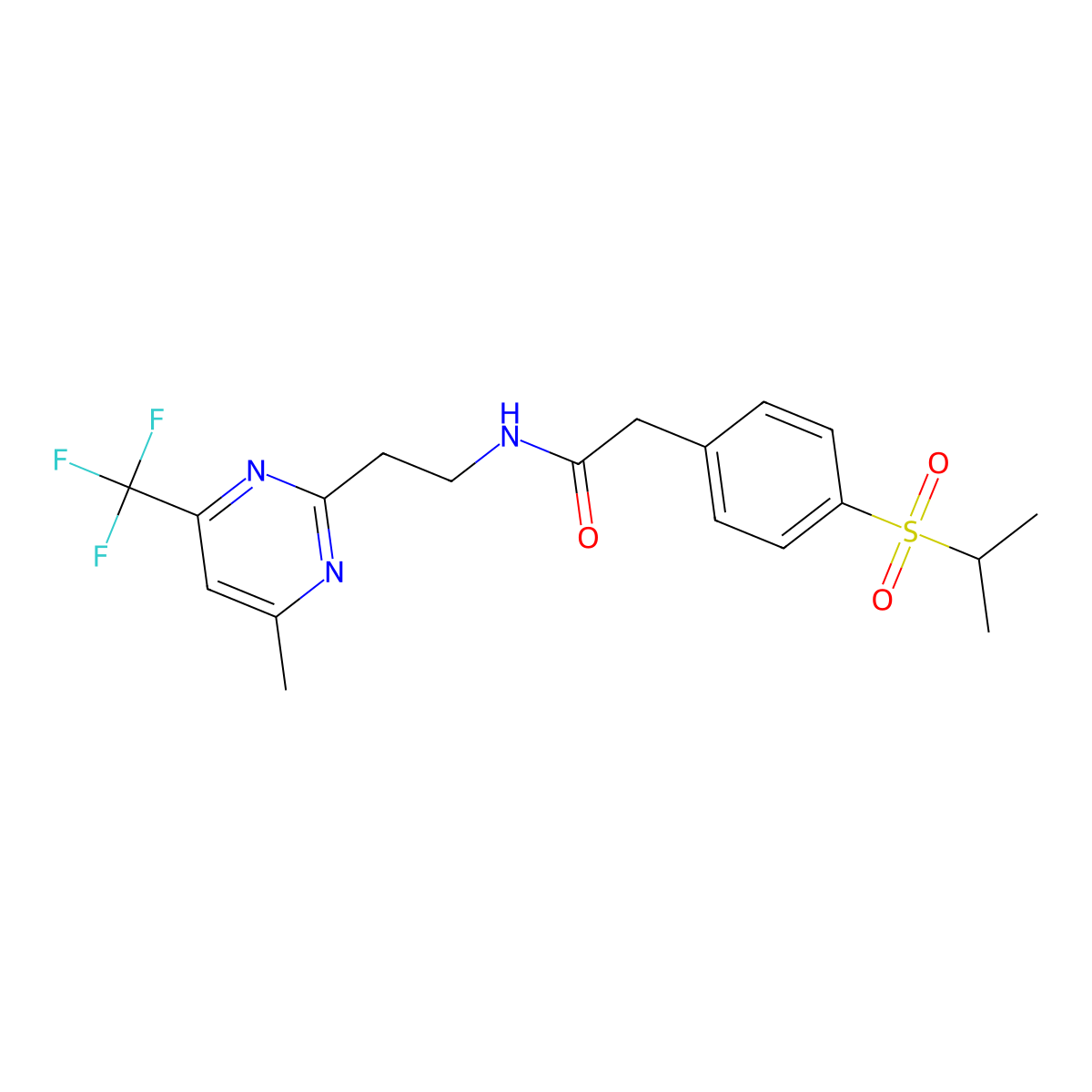 2-(4-(isopropylsulfonyl)phenyl)-N-(2-(4-methyl-6-(trifluoromethyl)pyrimidin-2-yl)ethyl)acetamide molecular structure, CAS 1396811-60-1