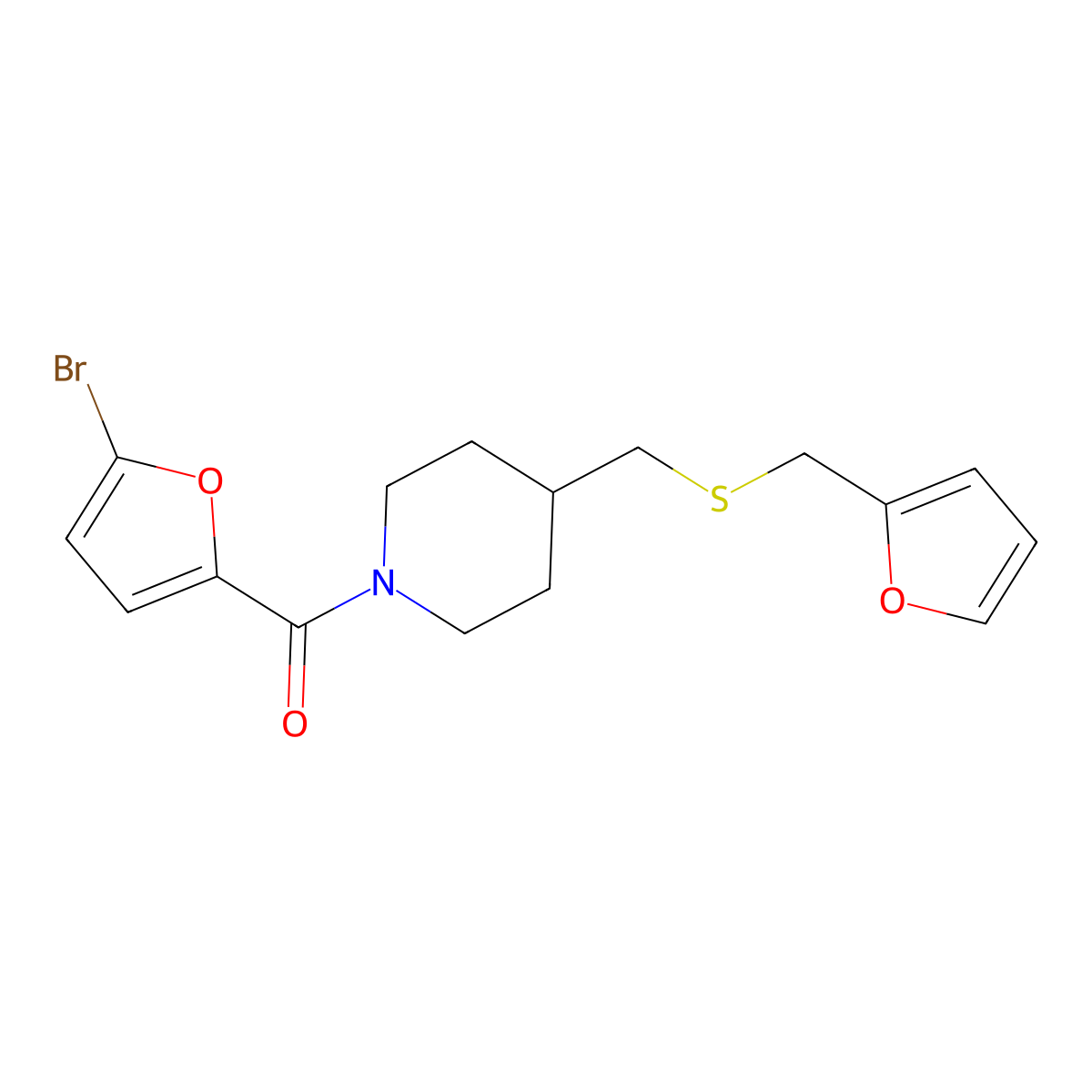 (5-Bromofuran-2-yl)(4-(((furan-2-ylmethyl)thio)methyl)piperidin-1-yl)methanone molecular structure, CAS 1396811-64-5