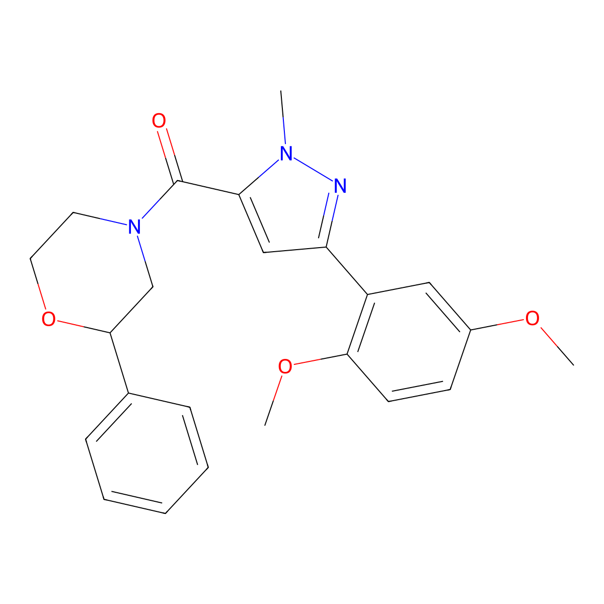 (3-(2,5-dimethoxyphenyl)-1-methyl-1H-pyrazol-5-yl)(2-phenylmorpholino)methanone molecular structure, CAS 1396811-67-8