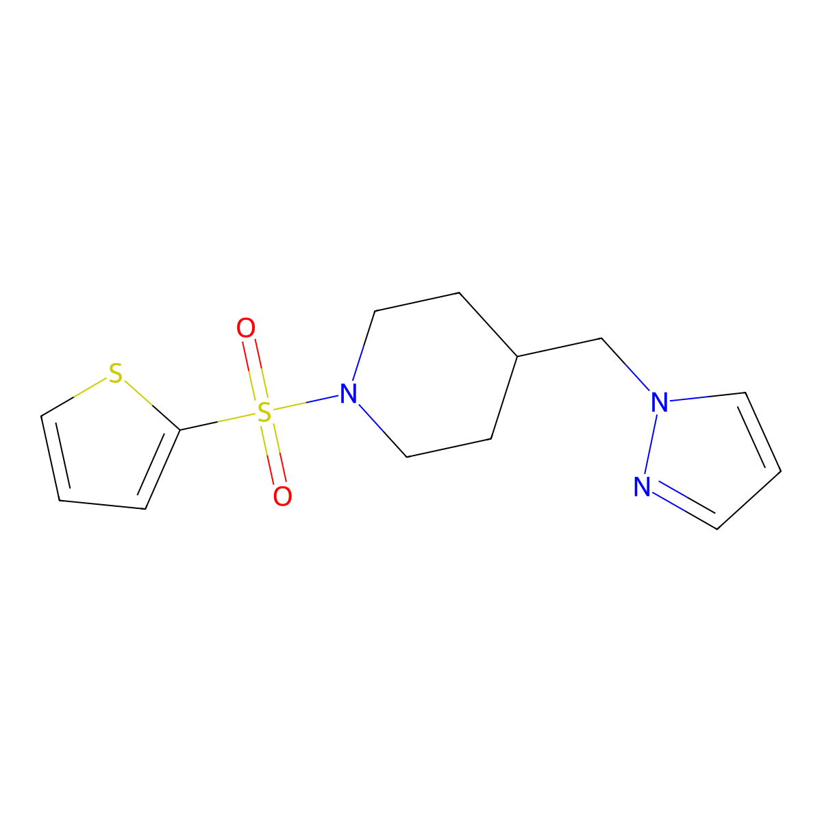 4-((1H-pyrazol-1-yl)methyl)-1-(thiophen-2-ylsulfonyl)piperidine molecular structure, CAS 1396811-68-9