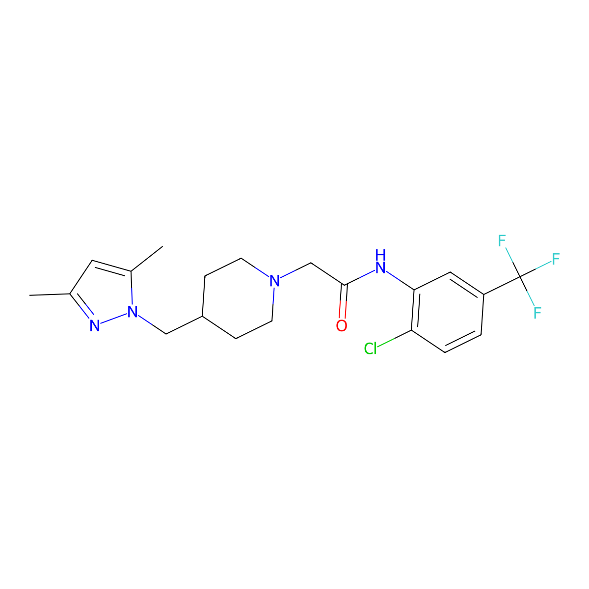 N-(2-chloro-5-(trifluoromethyl)phenyl)-2-(4-((3,5-dimethyl-1H-pyrazol-1-yl)methyl)piperidin-1-yl)acetamide molecular structure, CAS 1396811-69-0