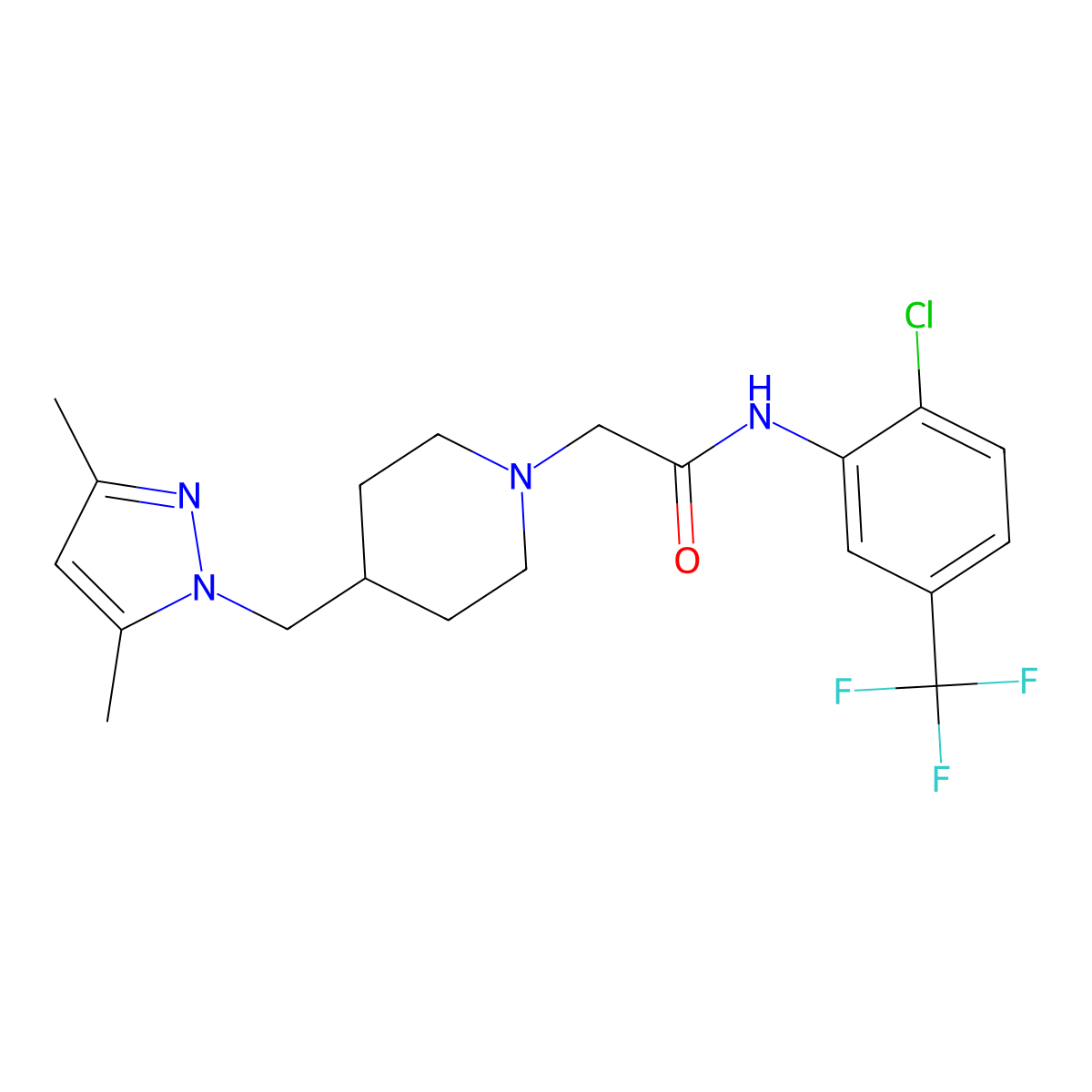 N-(2-chloro-5-(trifluoromethyl)phenyl)-2-(4-((3,5-dimethyl-1H-pyrazol-1-yl)methyl)piperidin-1-yl)acetamide molecular structure, CAS 1396811-69-0