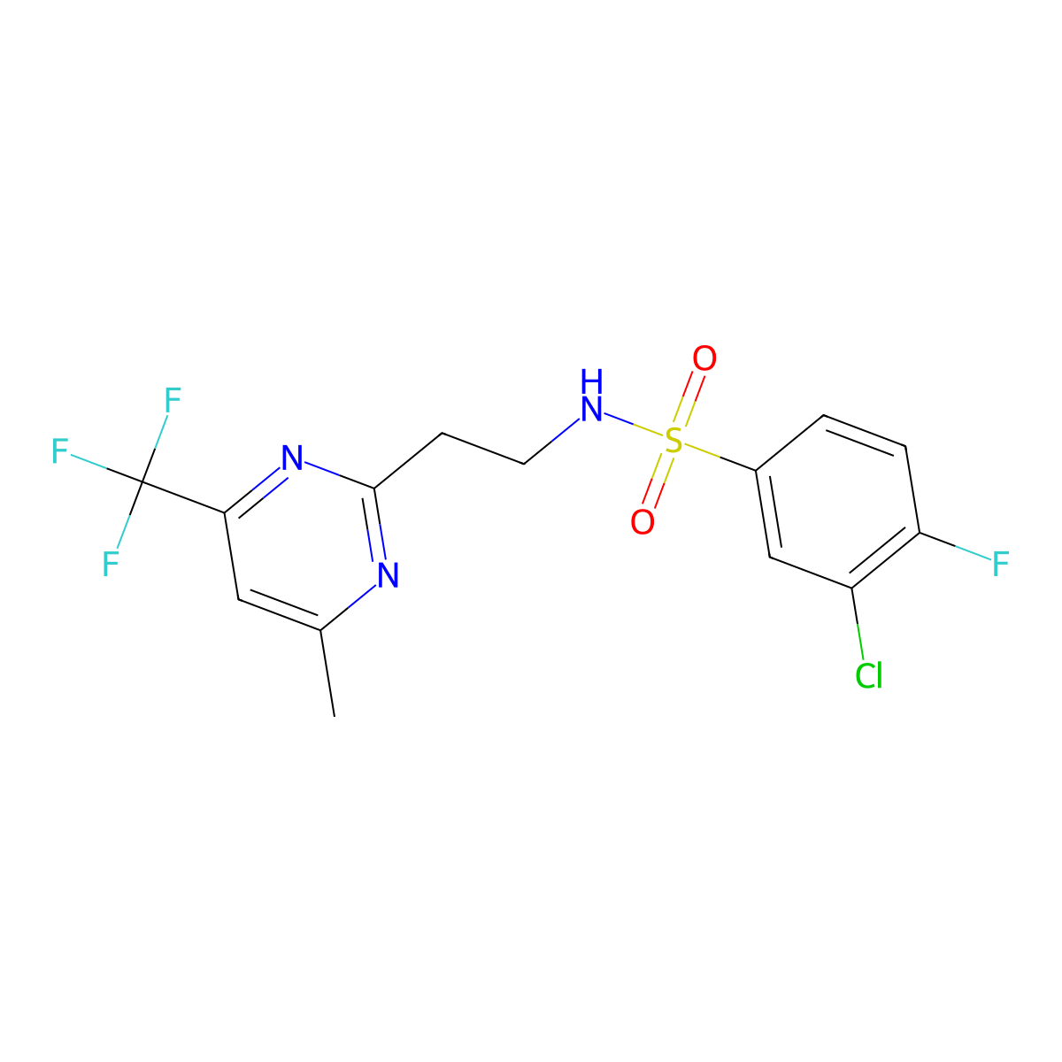 3-chloro-4-fluoro-N-(2-(4-methyl-6-(trifluoromethyl)pyrimidin-2-yl)ethyl)benzenesulfonamide molecular structure, CAS 1396811-75-8