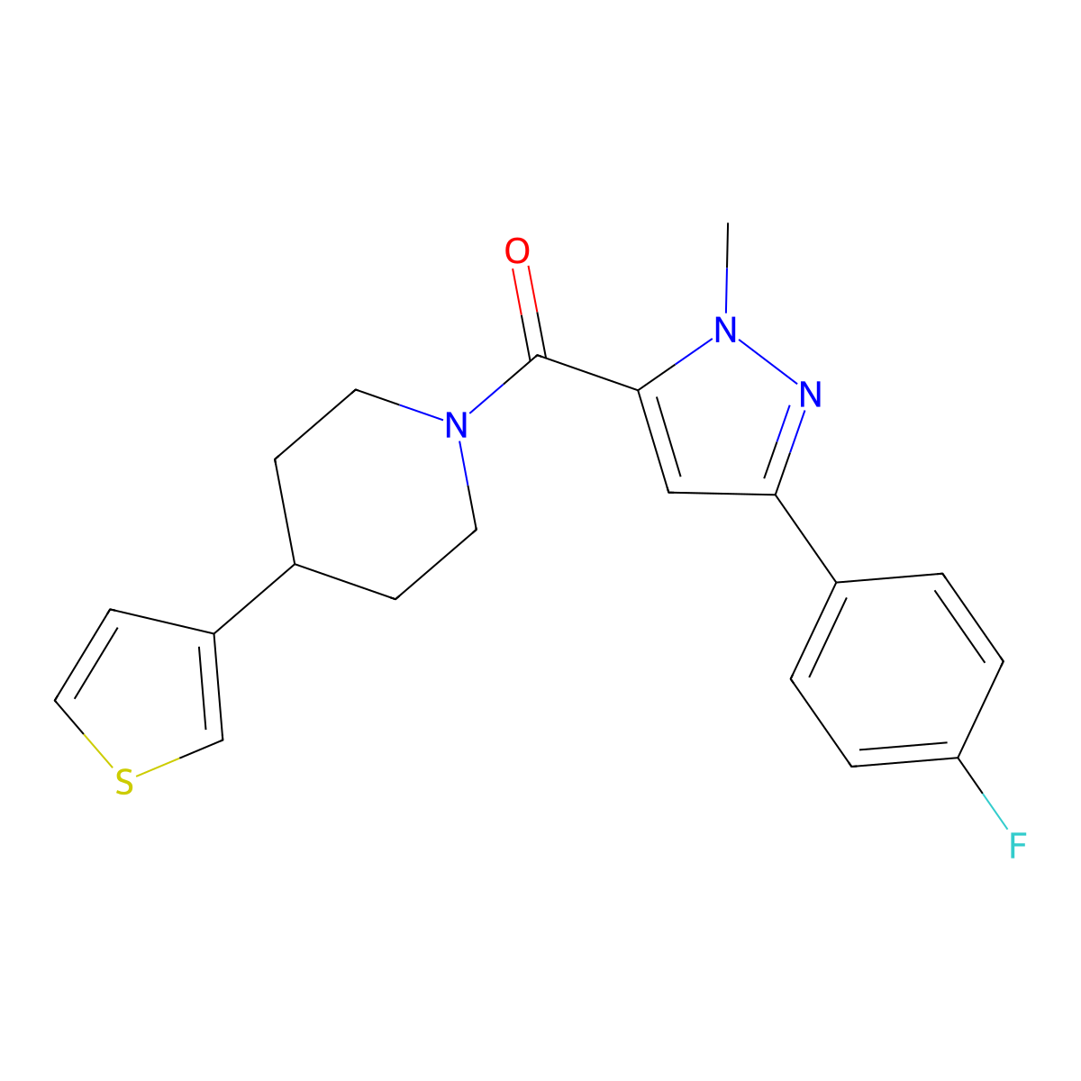 (3-(4-fluorophenyl)-1-methyl-1H-pyrazol-5-yl)(4-(thiophen-3-yl)piperidin-1-yl)methanone molecular structure, CAS 1396811-77-0