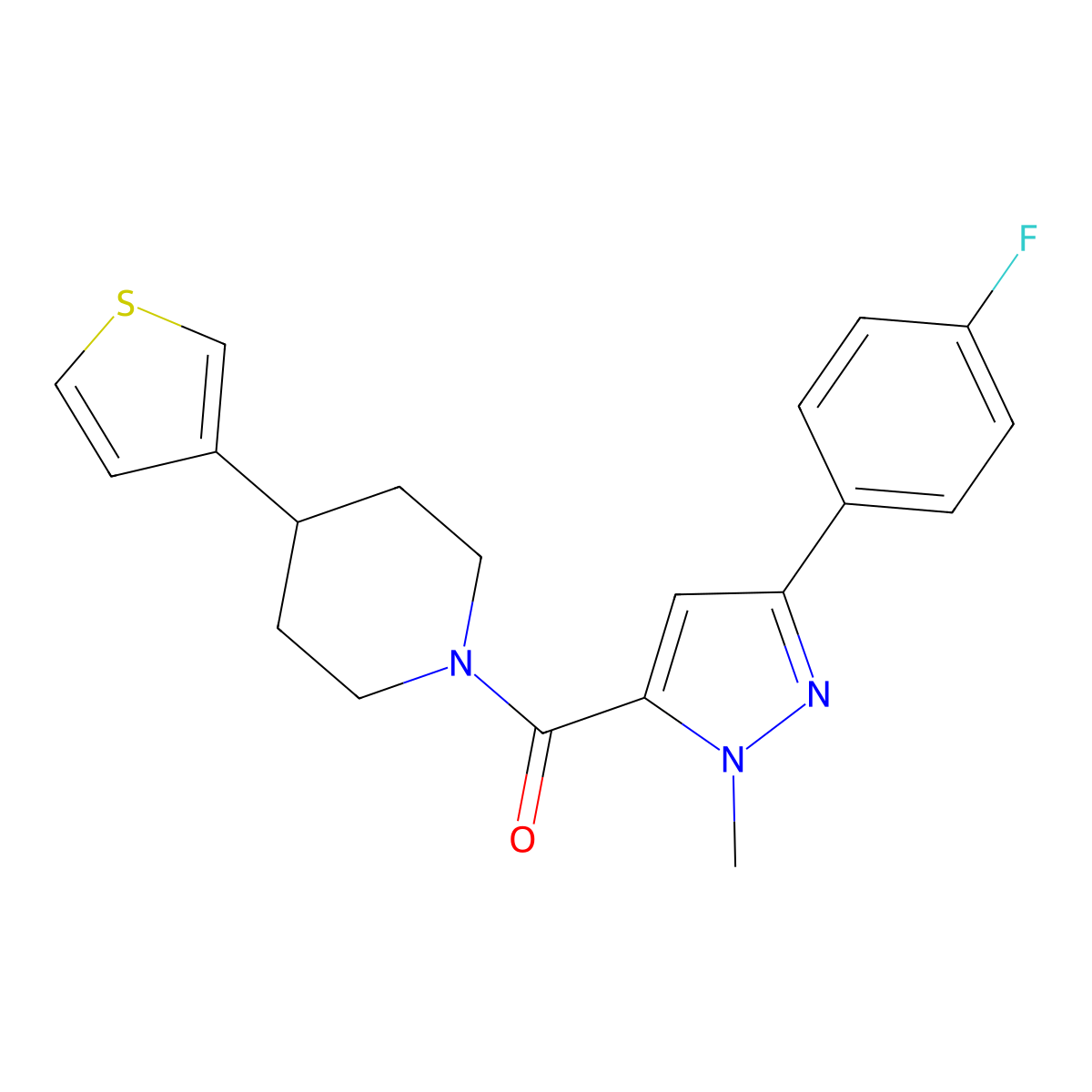 (3-(4-fluorophenyl)-1-methyl-1H-pyrazol-5-yl)(4-(thiophen-3-yl)piperidin-1-yl)methanone molecular structure, CAS 1396811-77-0