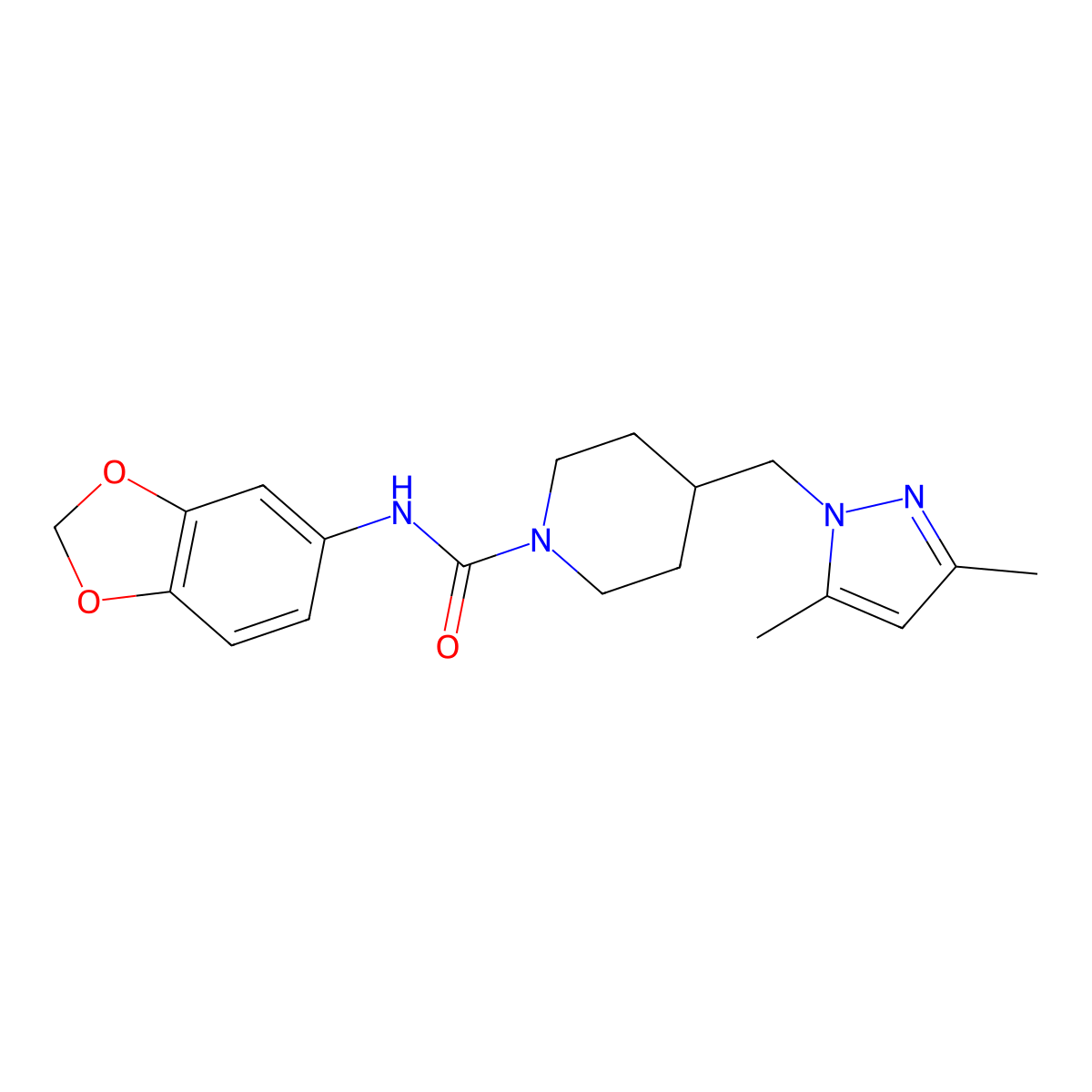 N-(benzo[d][1,3]dioxol-5-yl)-4-((3,5-dimethyl-1H-pyrazol-1-yl)methyl)piperidine-1-carboxamide molecular structure, CAS 1396811-79-2