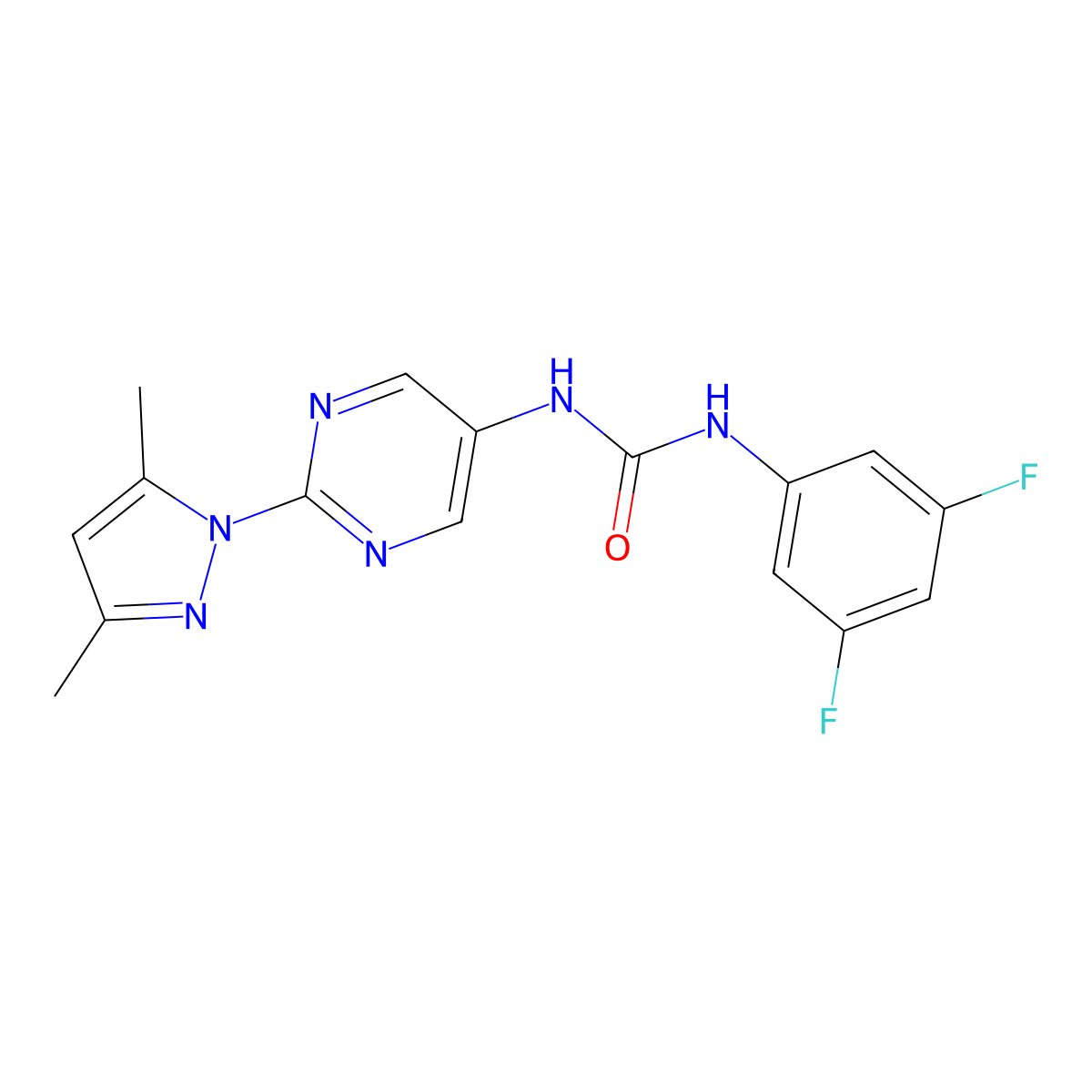 1-(3,5-difluorophenyl)-3-[2-(3,5-dimethyl-1H-pyrazol-1-yl)pyrimidin-5-yl]urea molecular structure, CAS 1396811-80-5