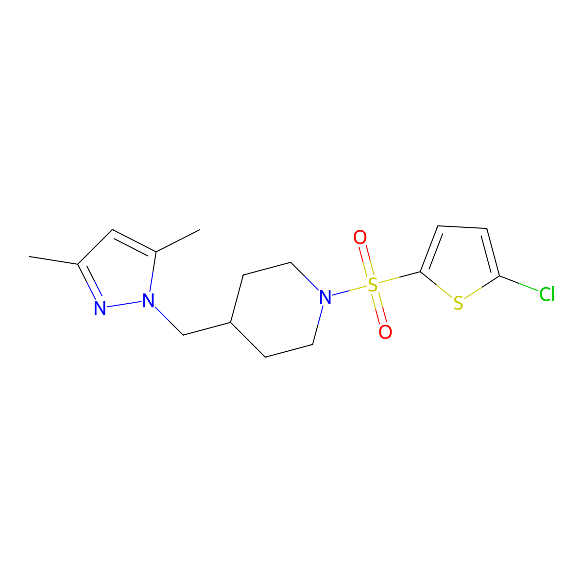 1-((5-chlorothiophen-2-yl)sulfonyl)-4-((3,5-dimethyl-1H-pyrazol-1-yl)methyl)piperidine molecular structure, CAS 1396811-88-3