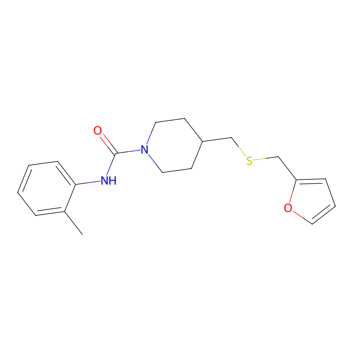 4-(((furan-2-ylmethyl)thio)methyl)-N-(o-tolyl)piperidine-1-carboxamide molecular structure, CAS 1396811-89-4