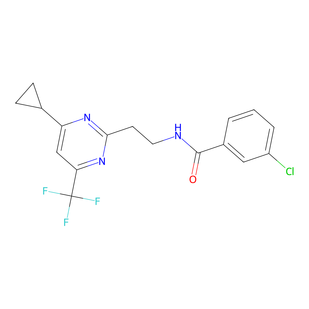 3-chloro-N-{2-[4-cyclopropyl-6-(trifluoromethyl)pyrimidin-2-yl]ethyl}benzamide molecular structure, CAS 1396811-98-5