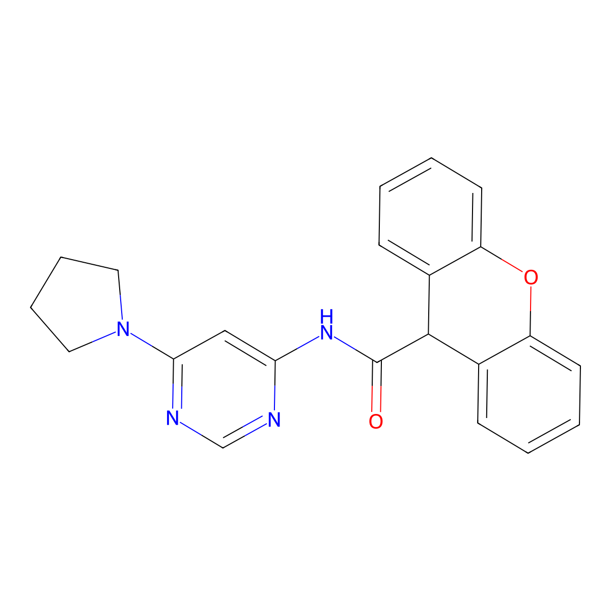 N-(6-(pyrrolidin-1-yl)pyrimidin-4-yl)-9H-xanthene-9-carboxamide molecular structure, CAS 1396812-00-2