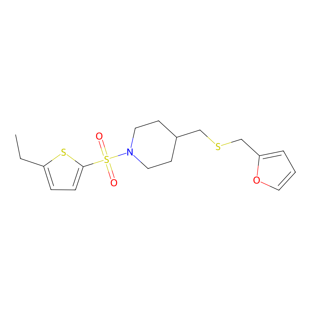 1-((5-Ethylthiophen-2-yl)sulfonyl)-4-(((furan-2-ylmethyl)thio)methyl)piperidine molecular structure, CAS 1396812-04-6