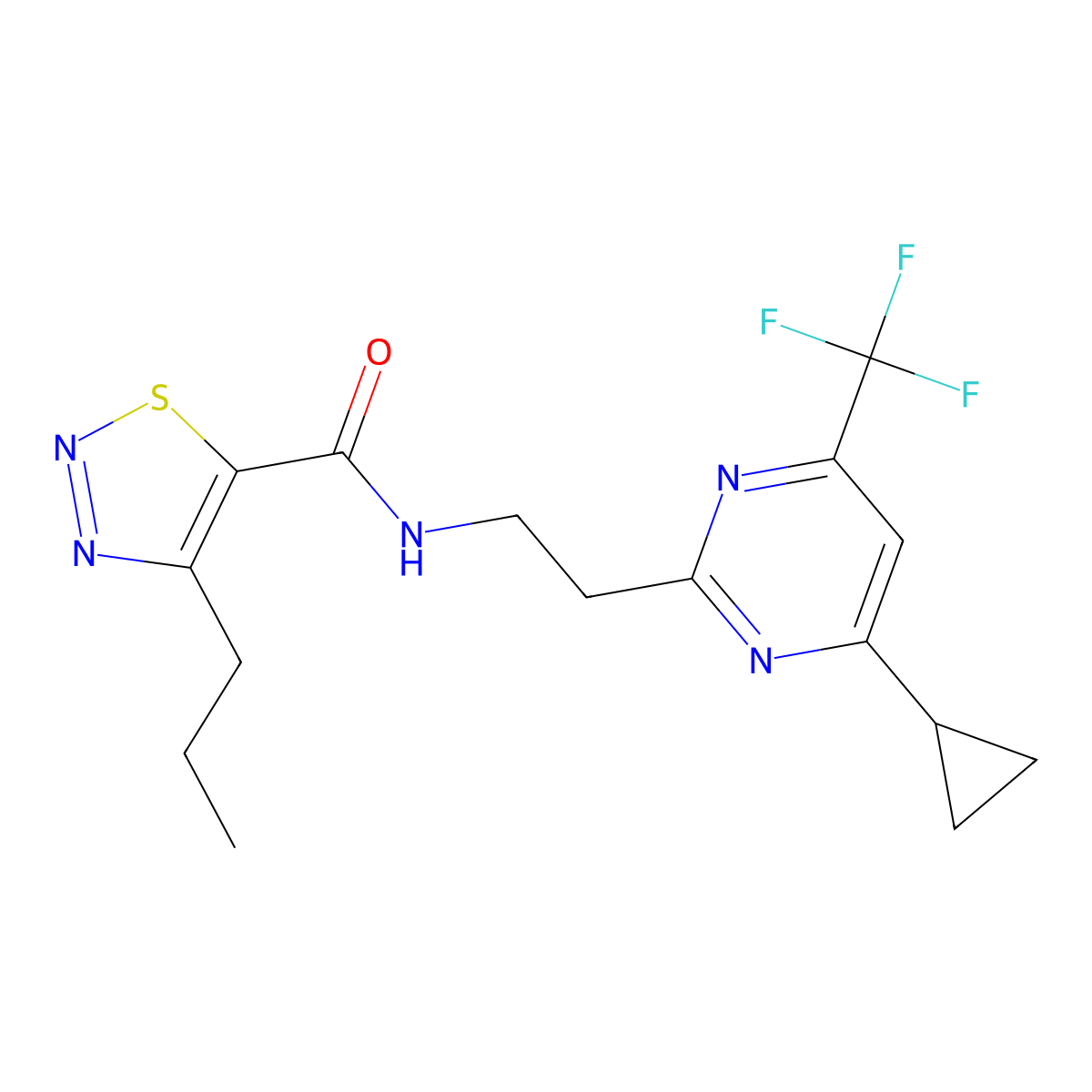 N-{2-[4-cyclopropyl-6-(trifluoromethyl)pyrimidin-2-yl]ethyl}-4-propyl-1,2,3-thiadiazole-5-carboxamide molecular structure, CAS 1396812-07-9
