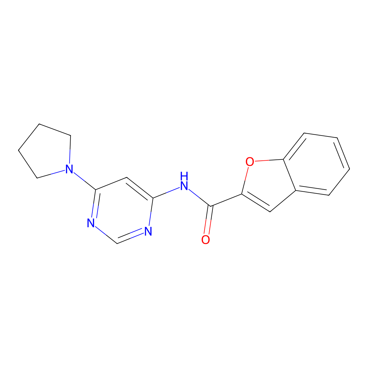 N-(6-(pyrrolidin-1-yl)pyrimidin-4-yl)benzofuran-2-carboxamide molecular structure, CAS 1396812-08-0